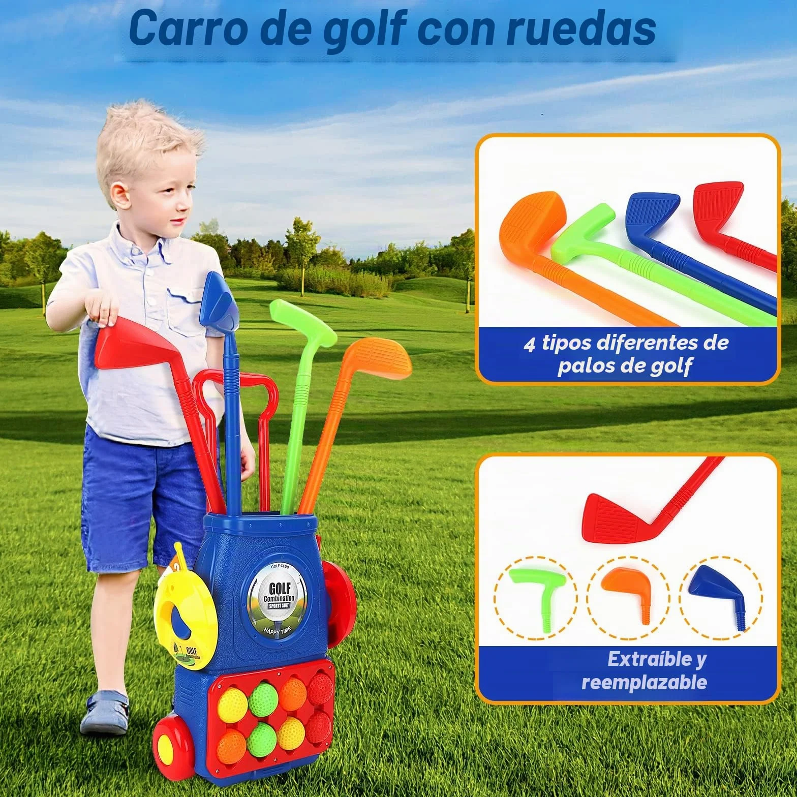 deAO Juego de Golf para Niños, Mini Golfista Plástico, con 4 Palos de Golf, 8 Pelota de Golf, Carro de Golf, Juguete Educativo Temprano Infantiles 3 4 5 6 años