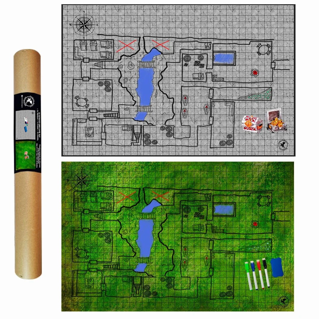 Dungeon 2X Grid Game Mat + Rotuladores y Borrador + Cofres, Mapa Juego rol, D&D, Dragones y Mazmorras, Tablero rol y Juegos de Mesa, Dungeons and Dragons, DND, RPG, Dungeon Master.