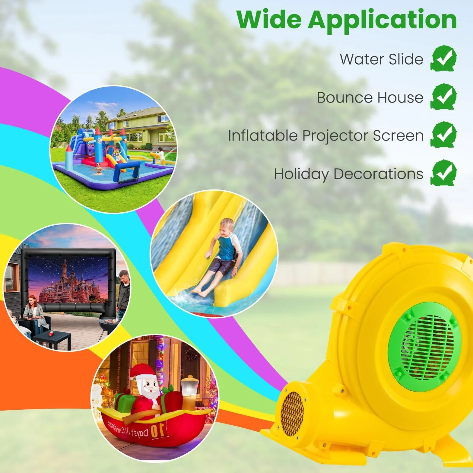 FANTASK Bomba de Ventilador para Castillo Hinchable, 850 W, para Juguetes inflables, soplador con Mango y Anclaje al Suelo