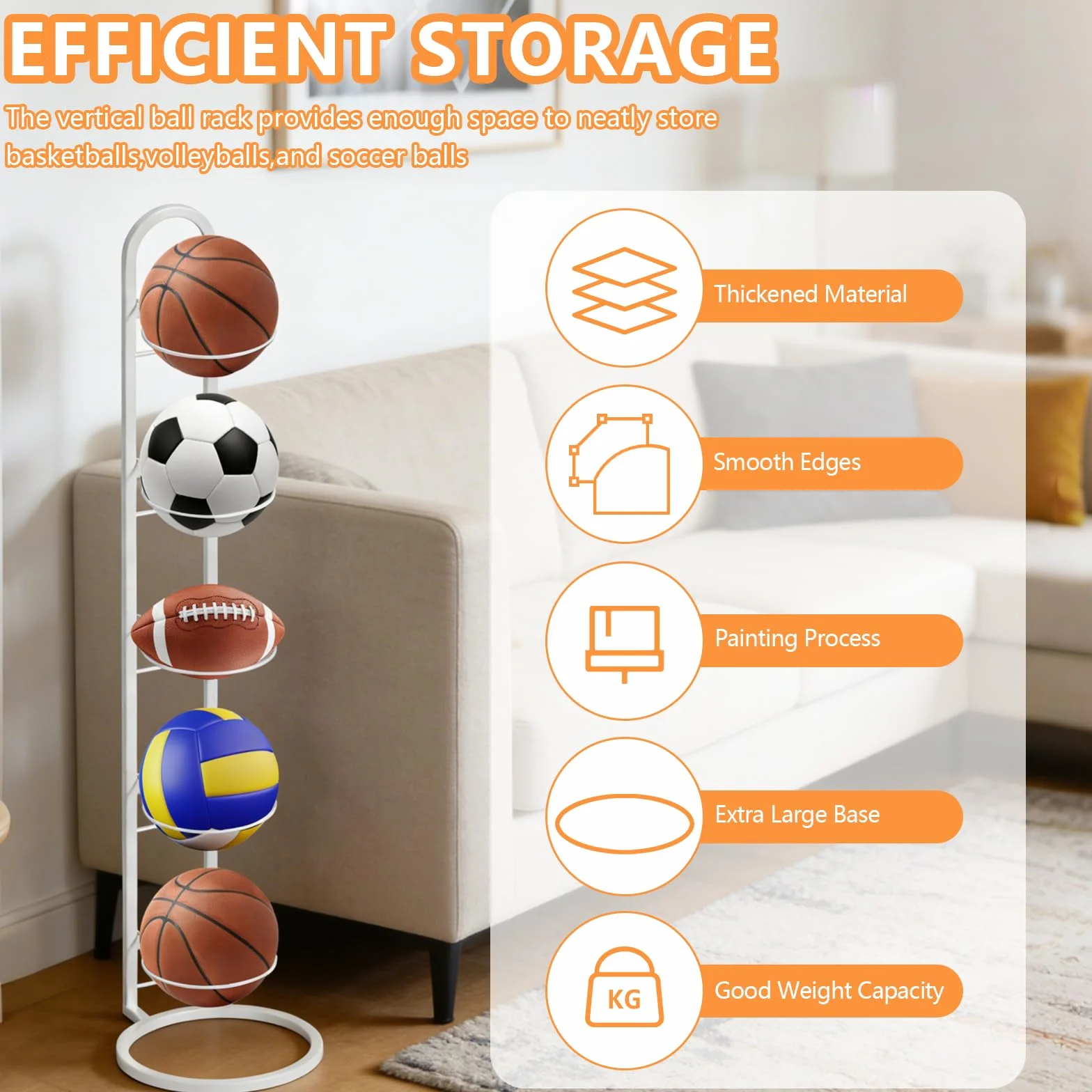 Estante vertical para pelotas de metal Blanco 5 pisos, soporte balón fútbol, baloncesto y vóley