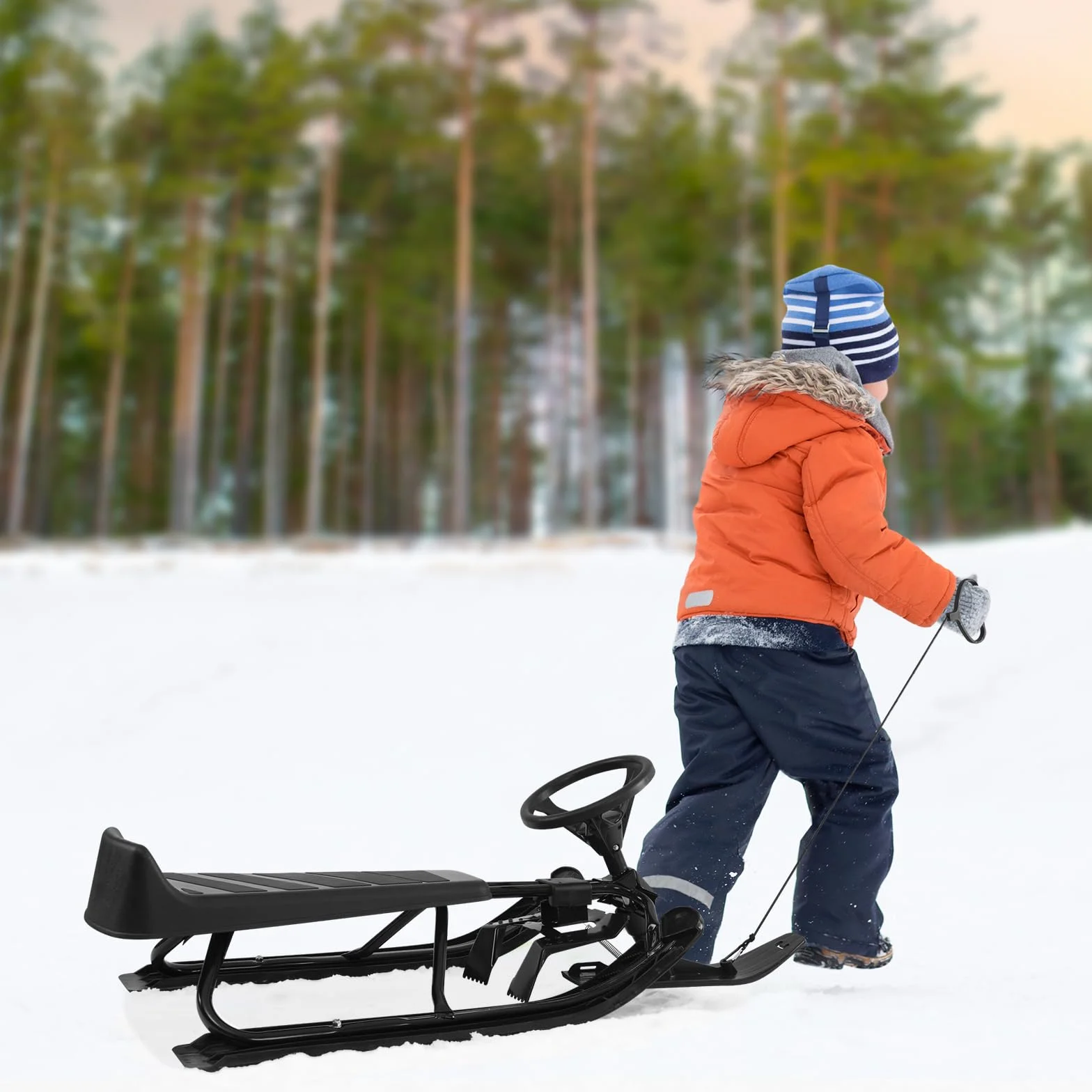 Laneetal Trineo de Dirección con Volante, Esquí Infantil con Asiento y Cuerda de Remolque, Estructura de Metal, Trineos para Niños y Jóvenes, Trineo de Patín con Resorte de Suspensión, Freno de Pie
