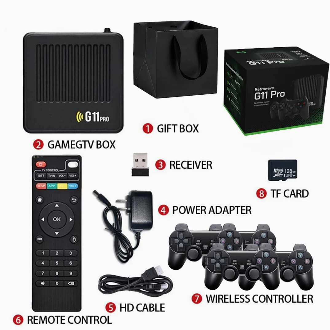 G11 Pro Game Box, All8bit G11 Pro 100000 Games, 2.4G Wireless Dual Controller, 100,000 Retro Games, Plug and Play Video Games, Comes with 4 Wireless Dual Controllers (256G（4 Handles）)