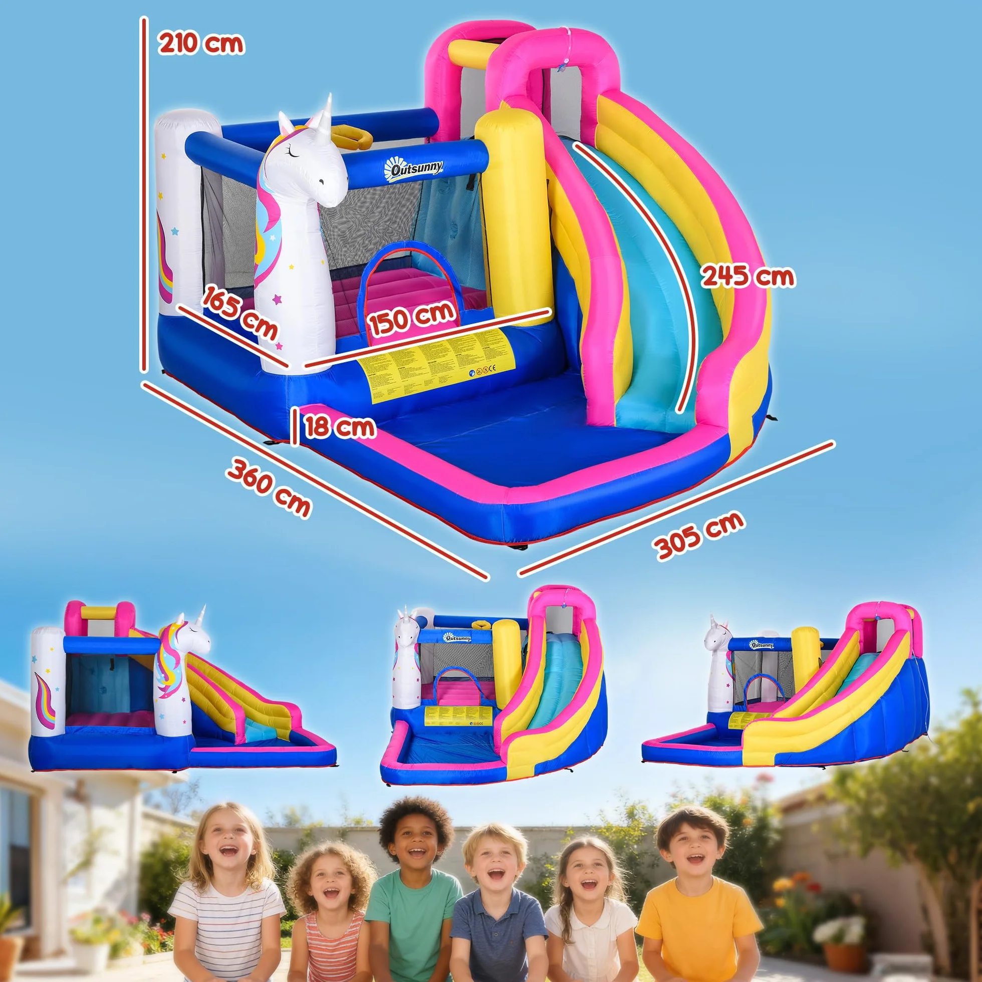 Outsunny Castillo Hinchable para Niños Castillo Inflable Infantil en Forma de Unicornio Parque Acuático con Tobogán Piscina Cama de Salto Inflador y Bolsa de Transporte 360x305x210 cm para 3-8 Años