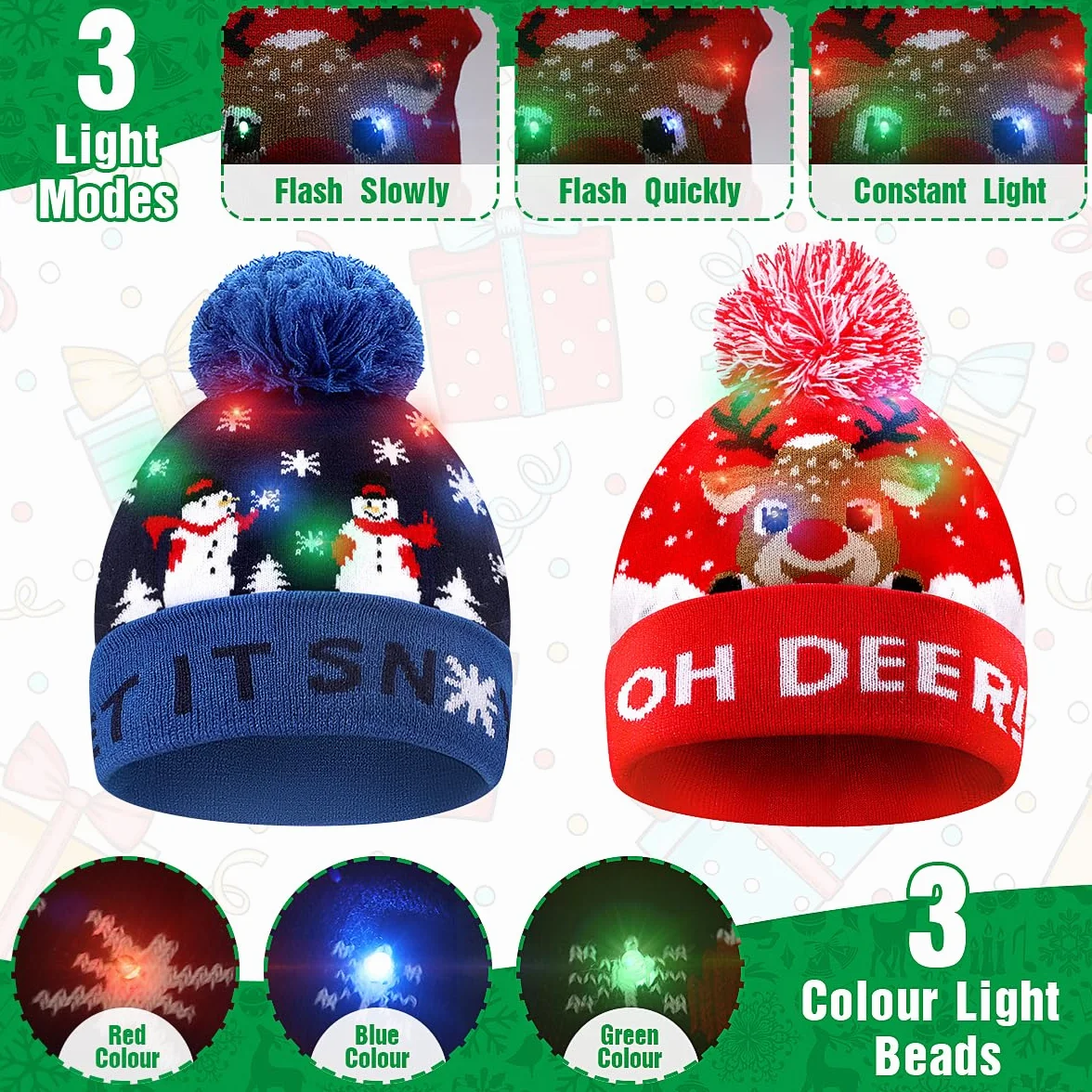 Sombrero de Navidad de punto LED, 2 piezas de gorro de Navidad Gorro de invierno, nieve, vacaciones, para niños, hombres, mujeres, niños, niñas, festival de Navidad, fiesta de cumpleaños