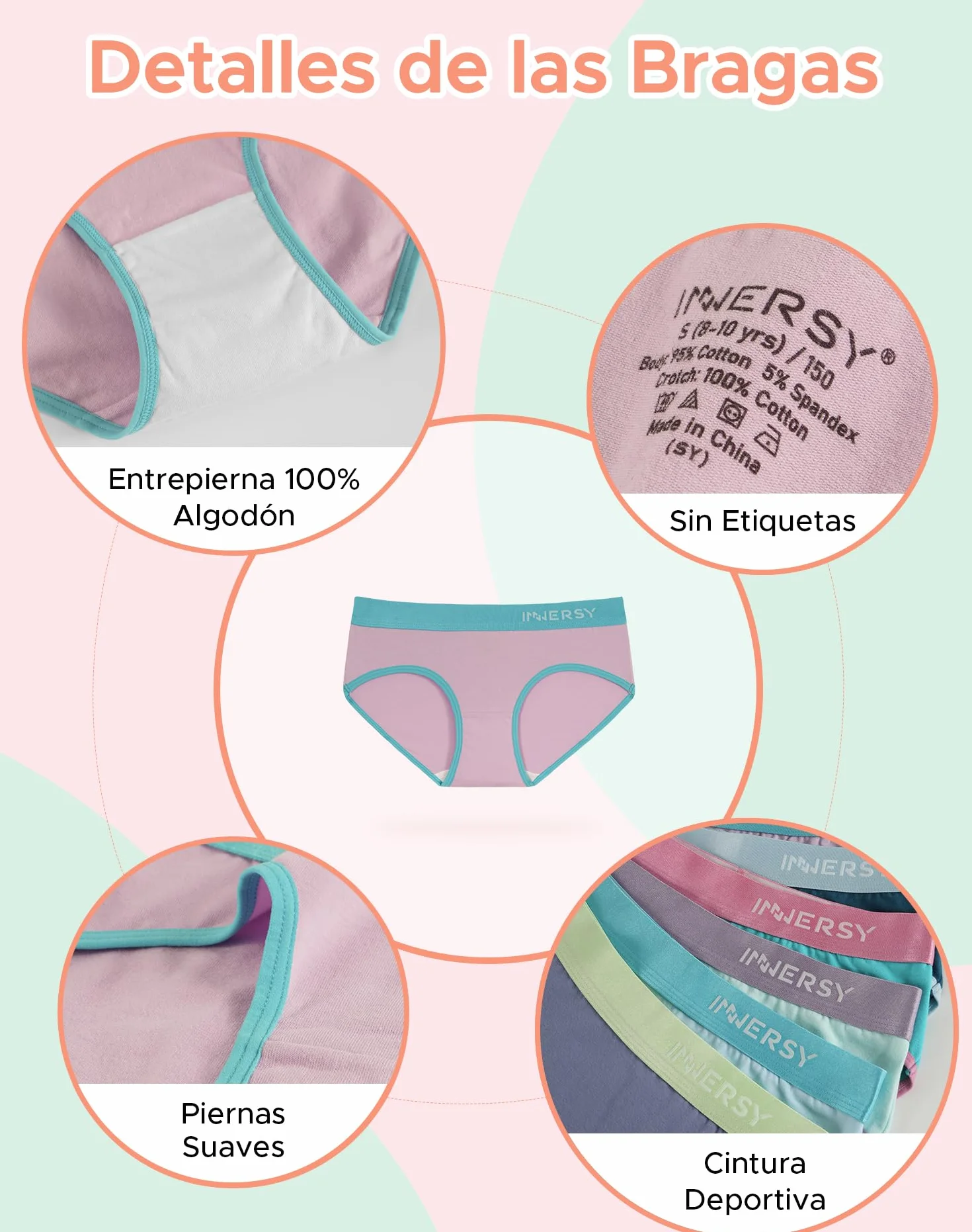 Bragas Niña Algodón Pack 6 INNERSY Ropa Interior Deportiva