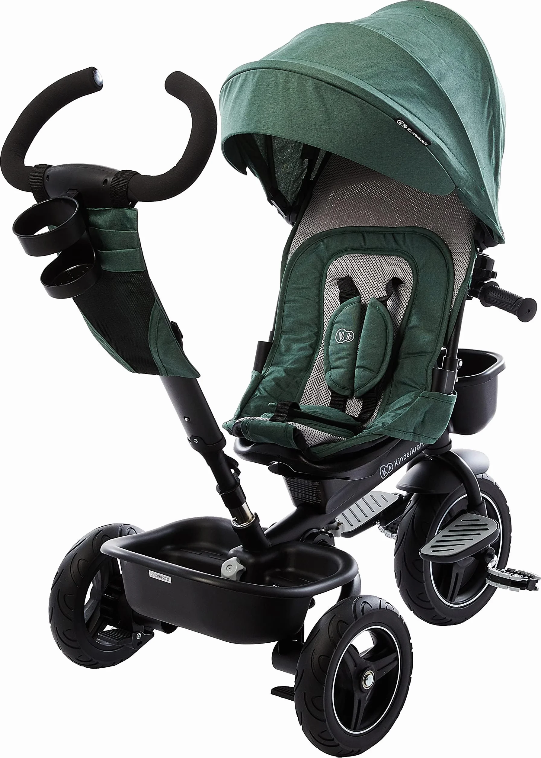 Kinderkraft SPINSTEP Triciclo Evolutivo Bebé 5 en 1 de 9 Meses a 5 Años, Bicicleta para niños, Plegable y reclinable, Capota Impermeable con Filtro UPF 50+, Asiento Giratorio 360 Grados, Verde