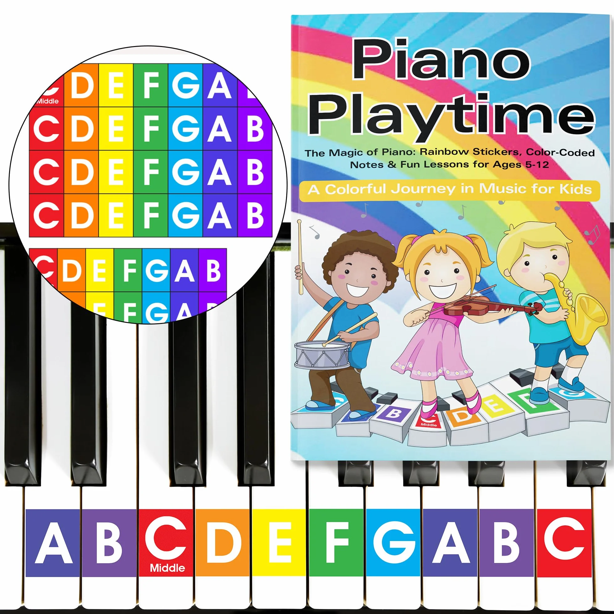QMG Calcomanía de piano y teclado de color arcoíris y libro de aprendizaje de piano para niños, instrucciones fáciles de seguir para niños, libro de piano para principiantes para niños, partituras de