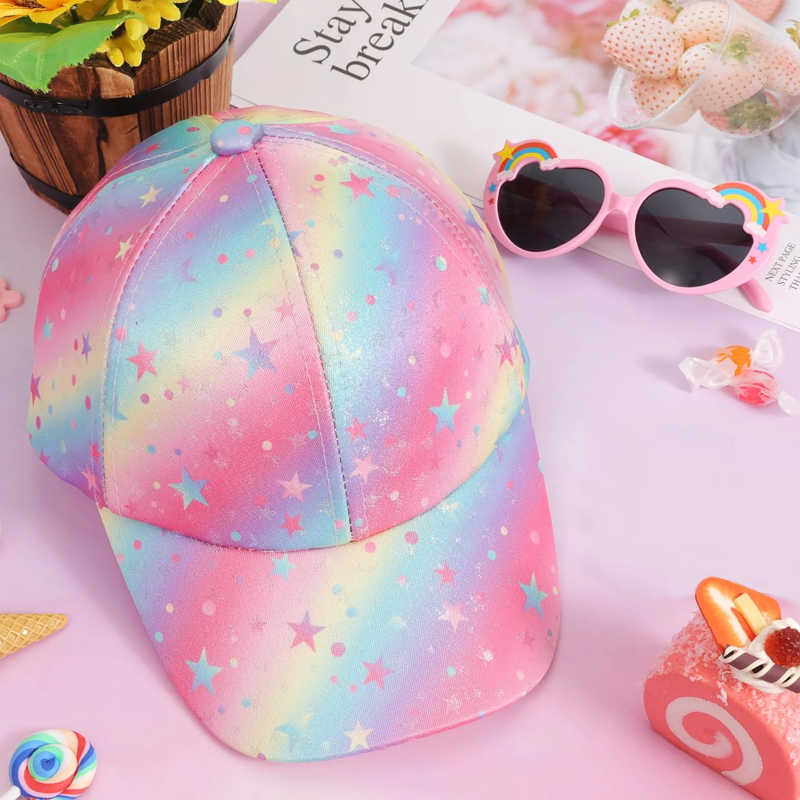Gorra Niña y Gafas de Sol Tie-Dye Ajustable Arcoíris Rosa Regalo 3-8 Años