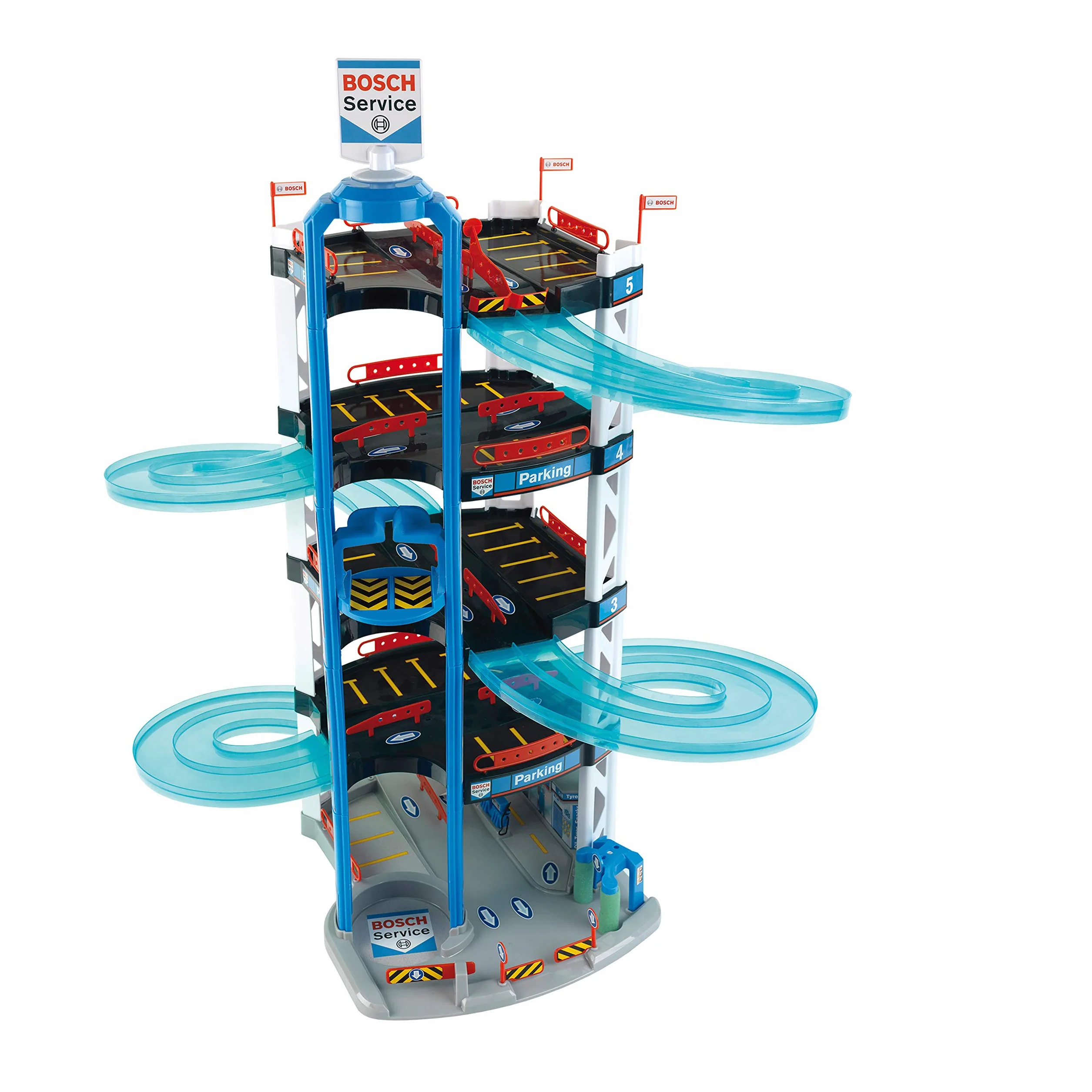 Theo Klein 2813 Aparcamiento Bosch Car Service, con 5 Plantas, Doble rampa de Salida, 2 Coches de Carreras, Ascensor y Mucho más, Medidas 55 cm x 55 cm x 85 cm, Juguete para niños a Partir de 3 años