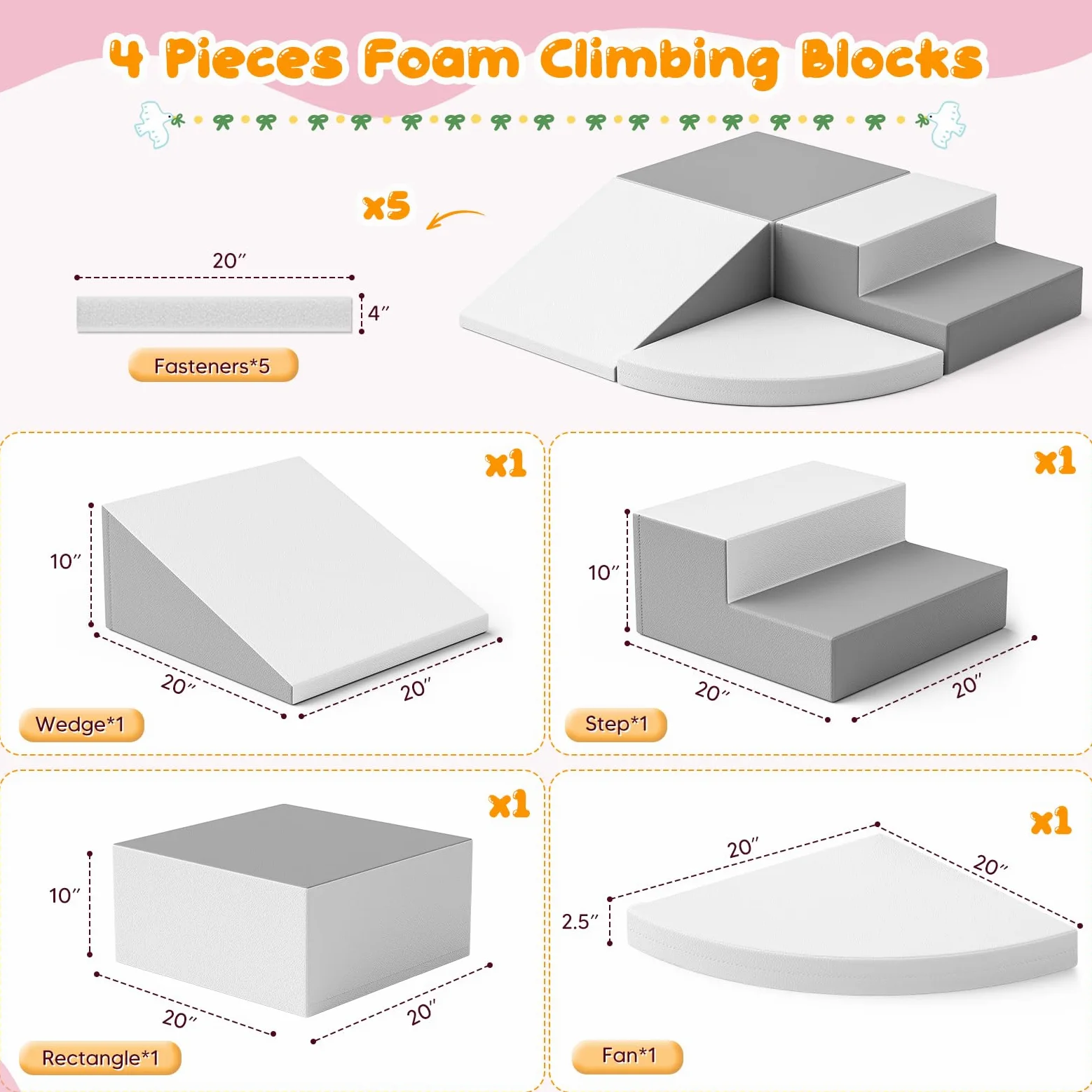 Bloques de Juego de Escalada de Espuma de 4 Piezas, combinables con Cierre de, Juguete Educativo para el Desarrollo de Interiores y guarderías (Gris y Blanco)