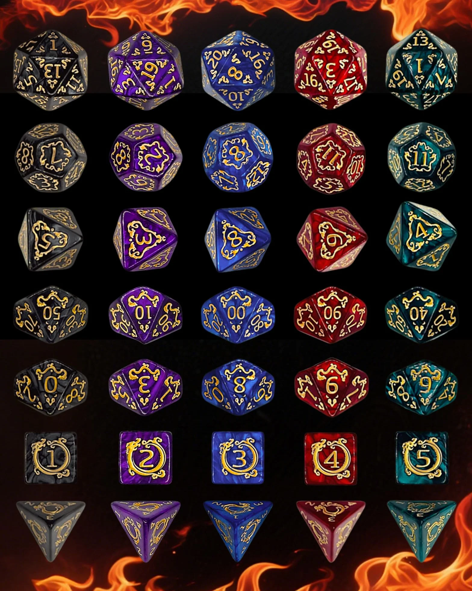 Juego de Dados Poliédricos, 35 Piezas - 5 Sets de Dados de rol con 1 Bolsa para Dungeons and Dragons D&D RPG MTG Juegos de Mesa, Incluye D20, D12, D8, D6, D4, D10 (0-9) y D10 (00-90)