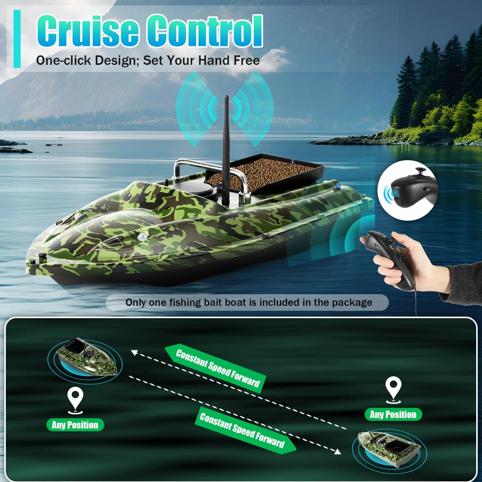 Barco Cebador Pesca Barco De Cebo para Pesca Barco De Señuelo Teledirigido De 500 Metros Mango Plegable,Capacidad 1,5 kg,Adecuado para Lago, Río, Mar,(Barco De Camuflaje Barco)