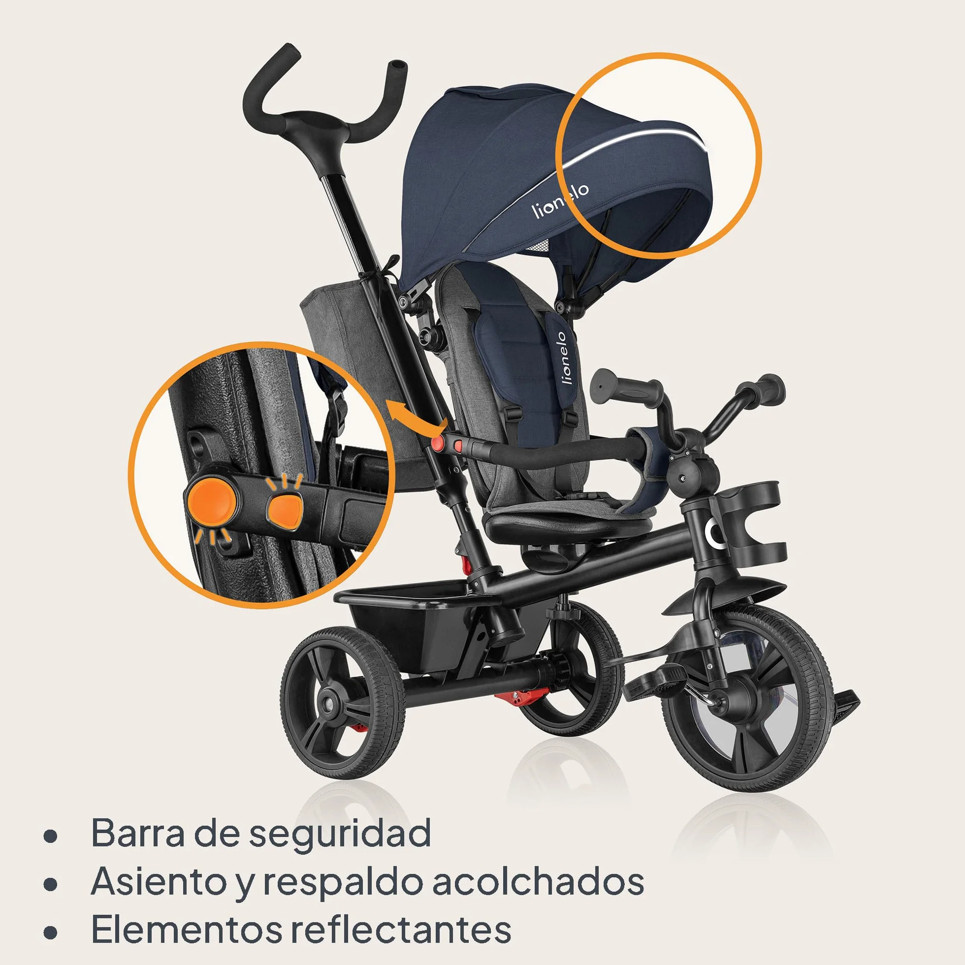 LIONELO Haari Triciclo Evolutivo para Niños, Bicicleta Bebe 4 en 1, Menores hasta 25 kg, 1,5-5 años, Carrito Cesta espaciosa, Bolsa y portavasos, Cinturones de 3 Puntos, Toldo Jeans
