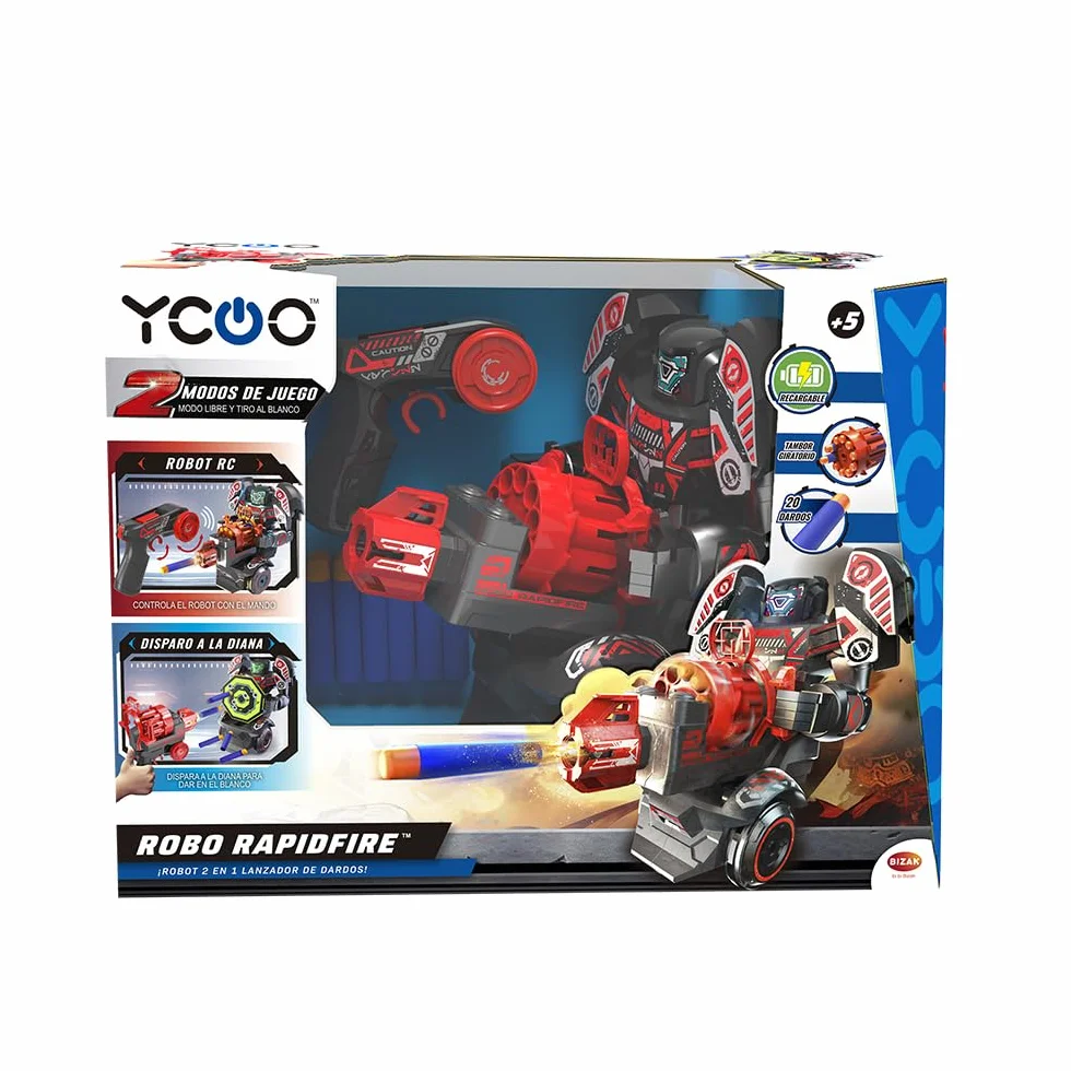 YCOO Robo Rapidfire, Robot con Luces led en la Cara y Efectos de Sonido, 2 Formas de Juego, dirigida y autónoma, dispara Dardos Desde el Mando, Funciona con Pilas, Bizak (62008528)