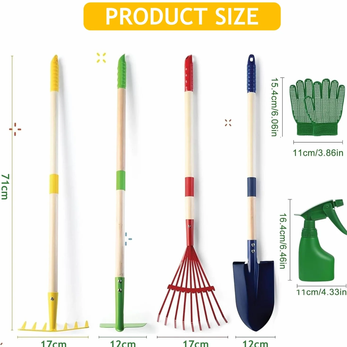LATERN 6 Piezas Herramientas de Jardinería para Niños, 71CM Metal Grande Pala Rastrillo Azada Hojas Rastrillo con Mango de Madera, Regadera, Guantes - para Exterior Jardín Patio Césped Cavar Jugar