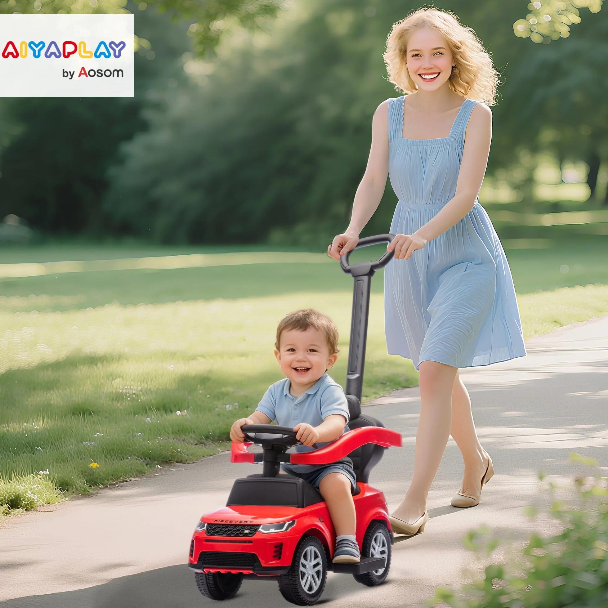 AIYAPLAY Coche Correpasillos 2 en 1 para Niños de 18-36 Meses Land Rover Discovery, Correpasillos con Espacio de Almacenaje, Bocina, Volante, Mango de Empuje y Barandilla Extraíbles, Rojo