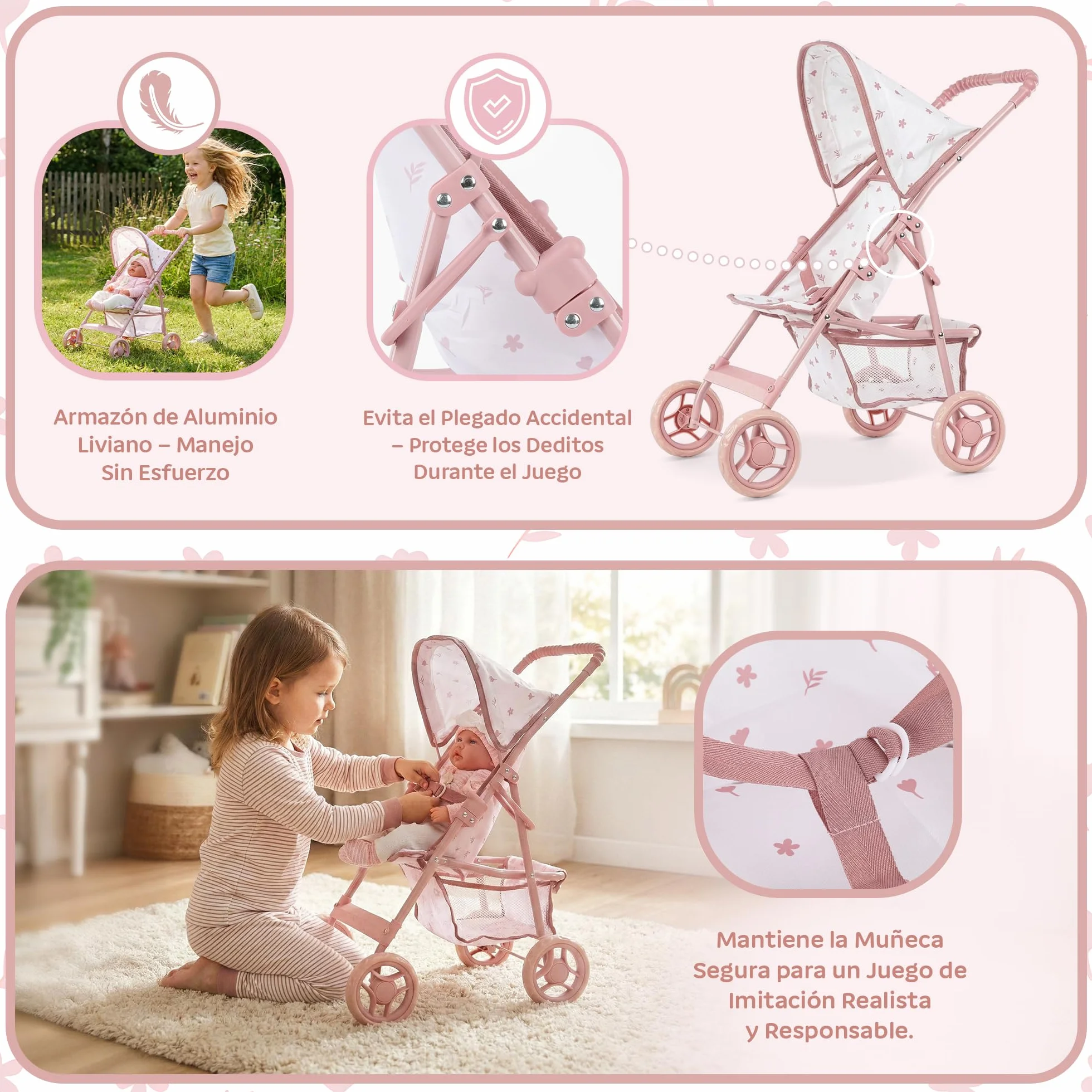 Kinderplay Cochecito de muñecas a Partir de 3 años: Cochecito Plegable Ligero para niñas con Ruedas EVA, cinturón y Visera – Cochecito de Juguete Rosa para muñecas