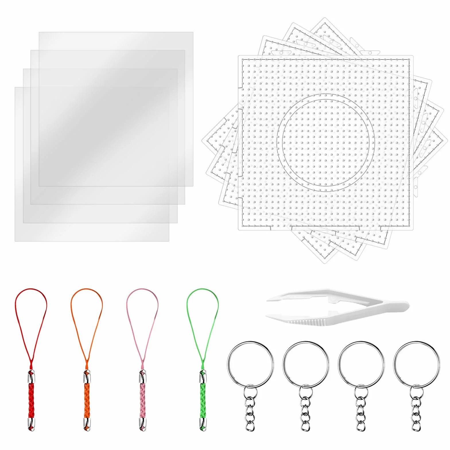 lompyeu Beads Plantilla,Juego de 4 placas de cuentas para plancha(14.5 * 14.5cm) con 4 Hojas de Planchado, 4 Cordones, 4 llaveros y 1 par de pinzas