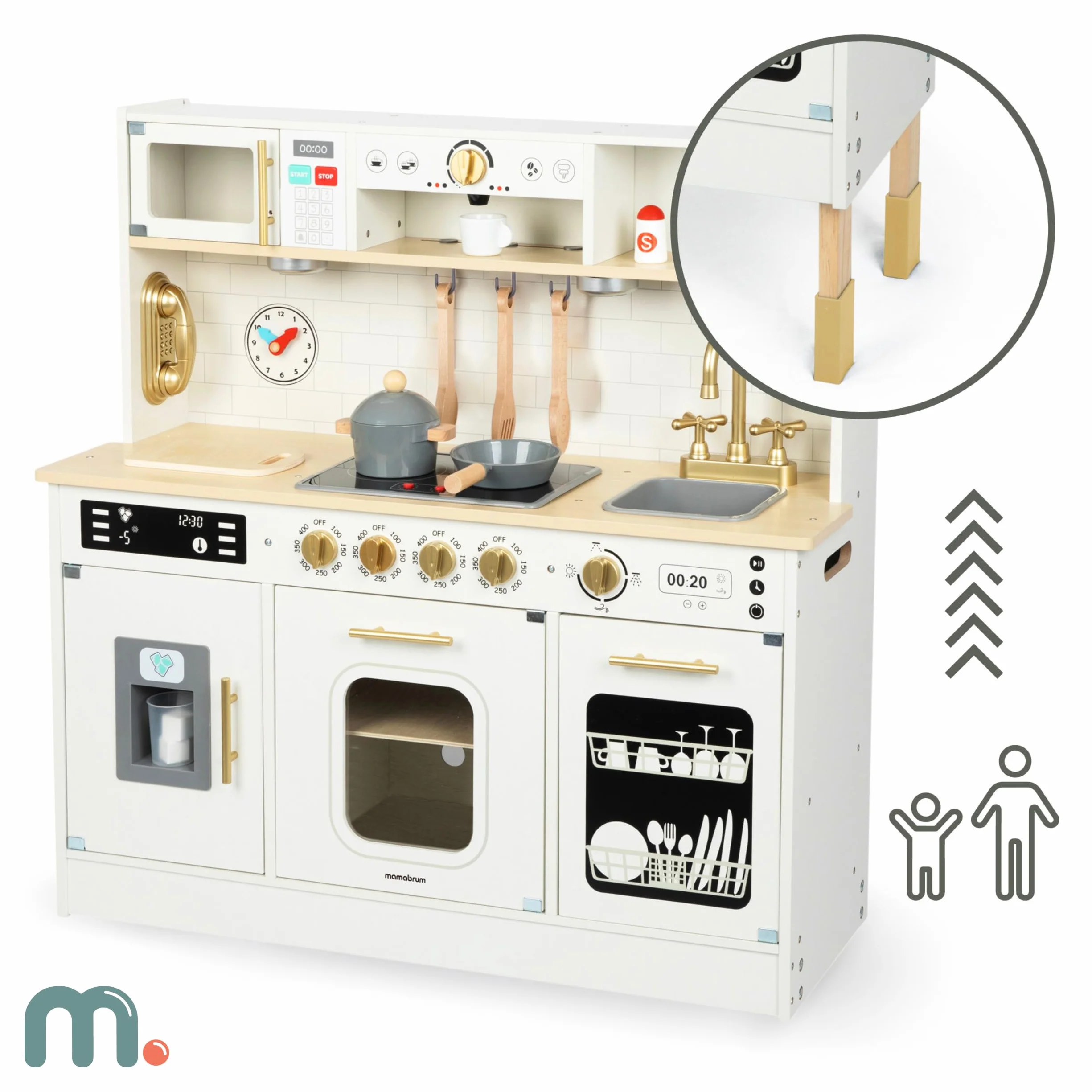 Mamabrum Cocina de Juguete para Niños de Madera con Luces LED - Juguetes Cocina Niños Interactiva con Altura Ajustable - Incluye Microondas, Lavavajillas y Accesorios - 104cm