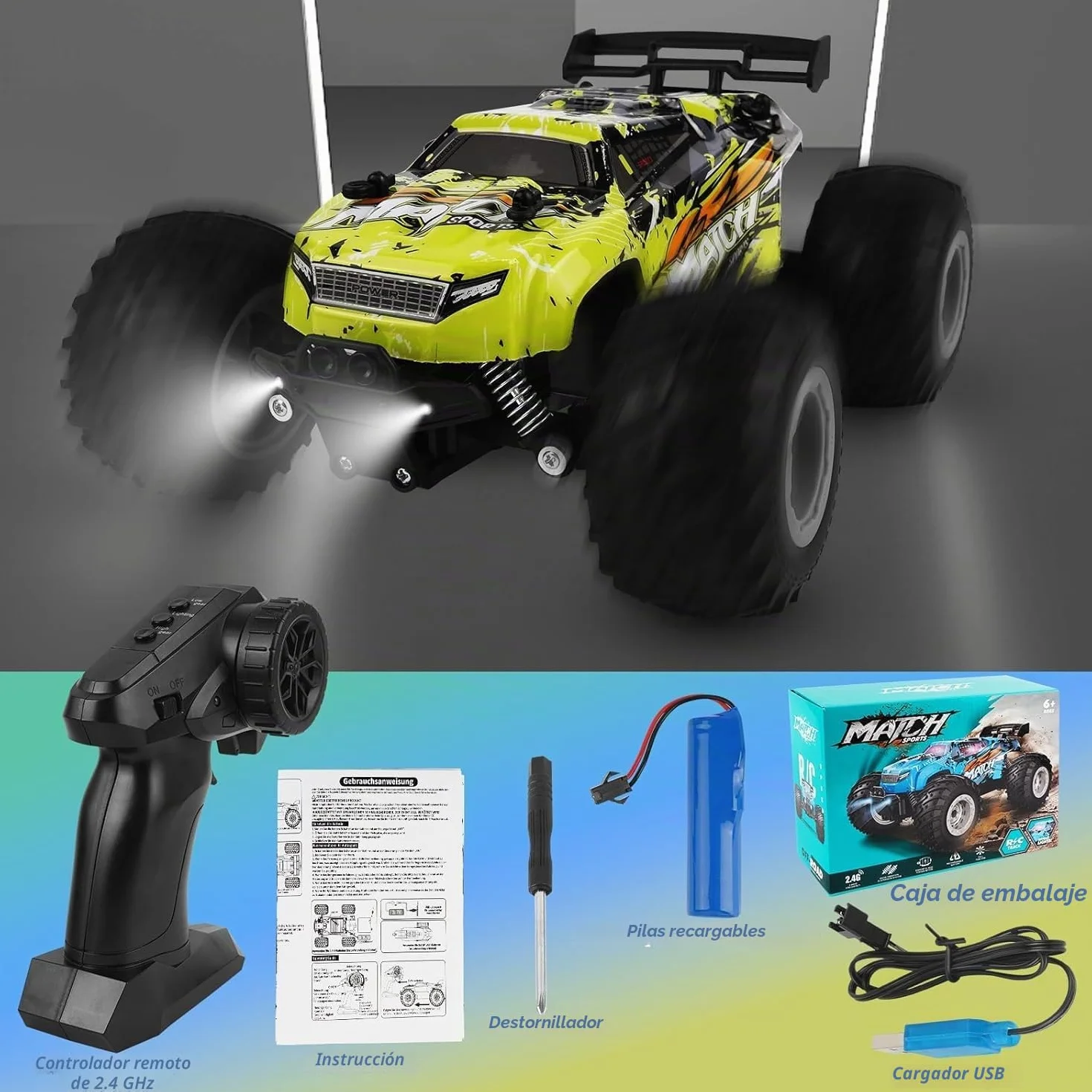 Coche Teledirigido Todoterreno 1:16, 20 km/h, Control 2.4Ghz, Luces LED Brillantes, Baterías Recargables, Juguete para Niños y Niñas de 6 a 12 Años, Regalo Ideal para Cumpleaños y Navidad