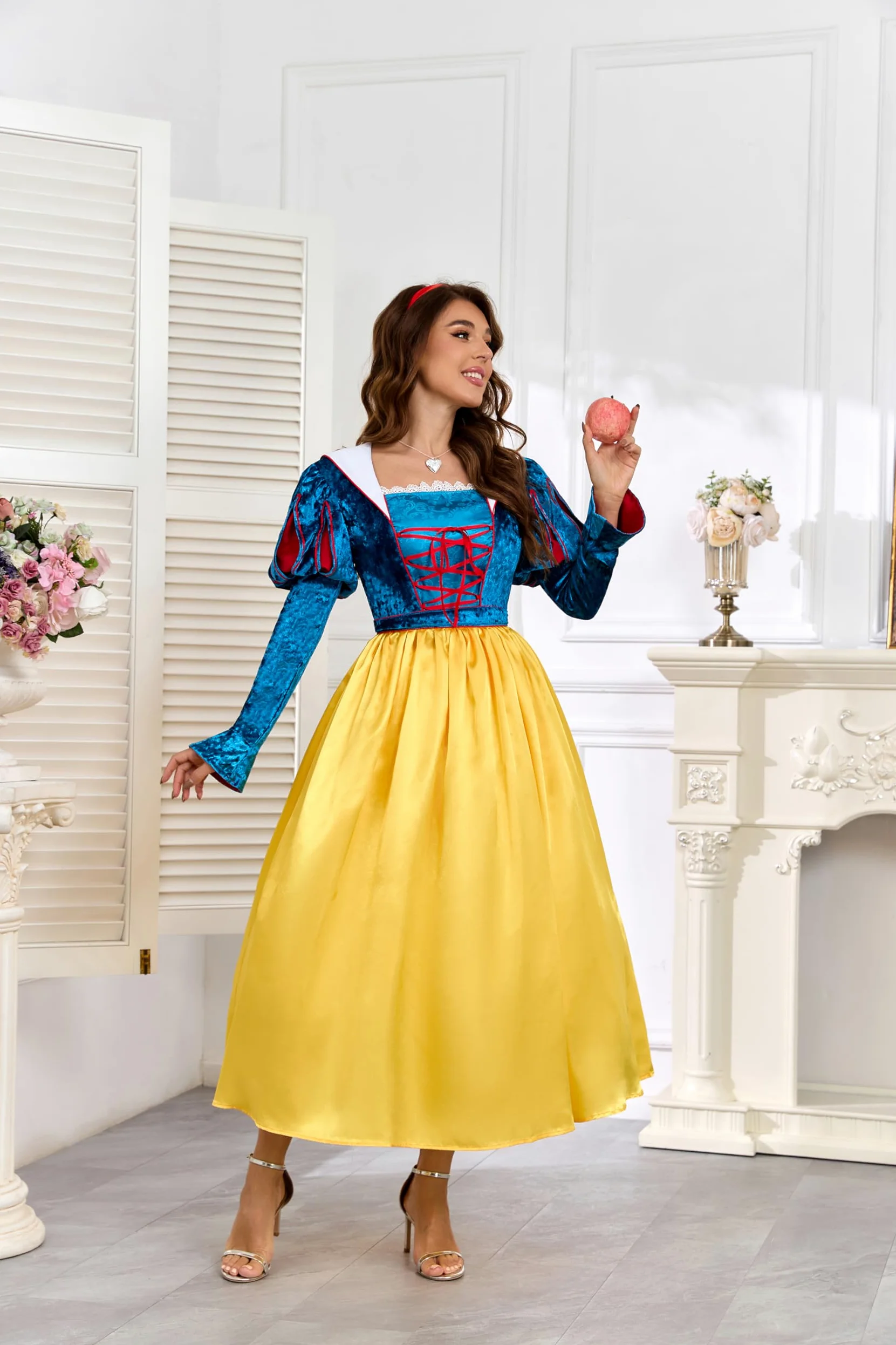 Disfraz de cuento de hadas para mujer, disfraz de Blancanieves con lazo rojo, diadema, capa, Halloween, carnaval, princesa
