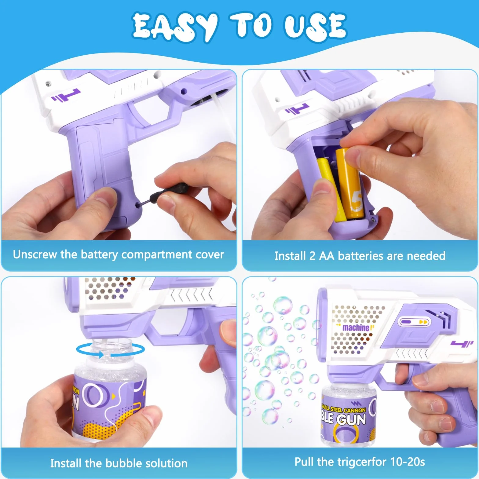 2 Pistolas de Burbujas para Niños, Máquina Automática de Burbujas LED de Jabón 10000+ Burbujas con 4 Soluciones (90 ml), Juguete de Verano, Regalos para Cumpleaños Fiestas, Aire Libre Bodas