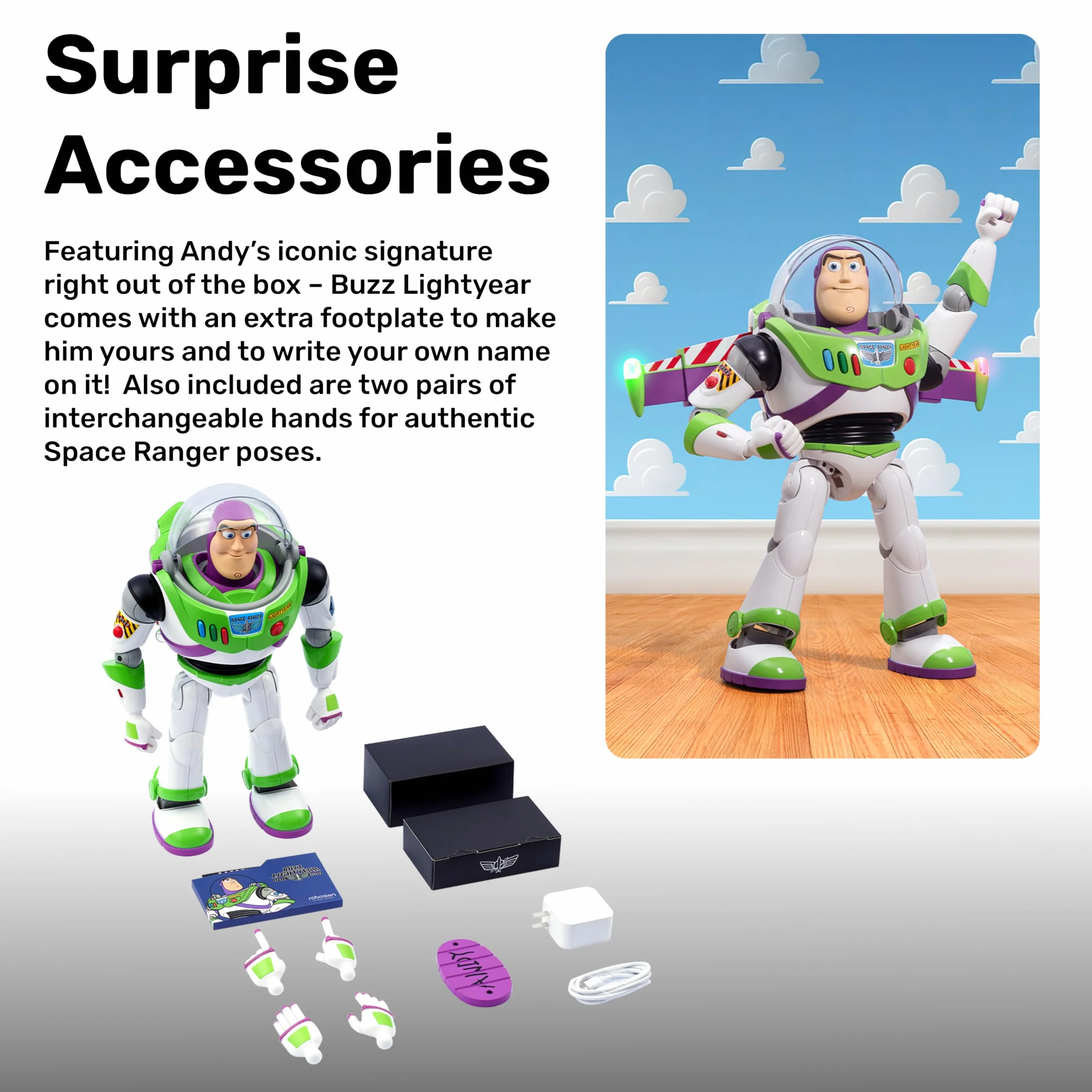 Robosen Robot Interactivo Buzz Lightyear – Control por Voz y App, Movimientos realistas, 200+ Clips de Audio, Modo Mini Teatro, acciones programables, alas Extensibles, láser y Efectos LED