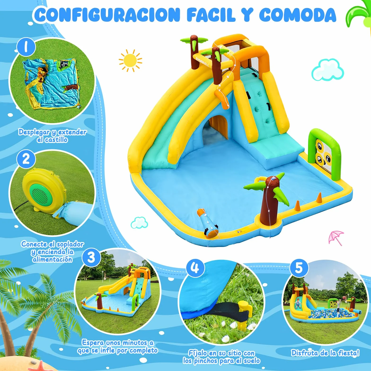Tobogán Inflable de Agua con Ventilador 450W - Castillo Hinchable 10-en-1 para Niños en Interior y Exterior con Piscina, Aspersores y Tobogán Largo