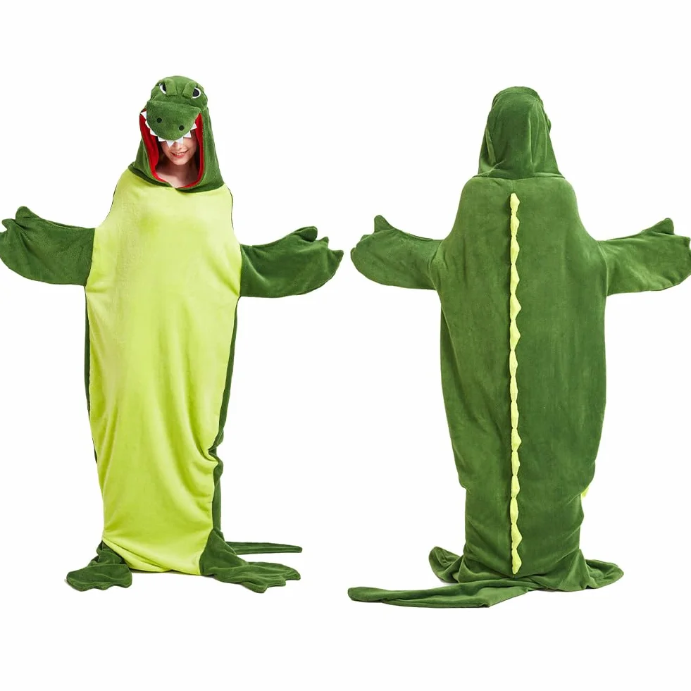 Saco de Dormir de Cocodrilo, Saco de Dormir con Cremallera de Cocodrilo，Dormir de Franela Súper Suave y Acogedor con Capucha y Cola