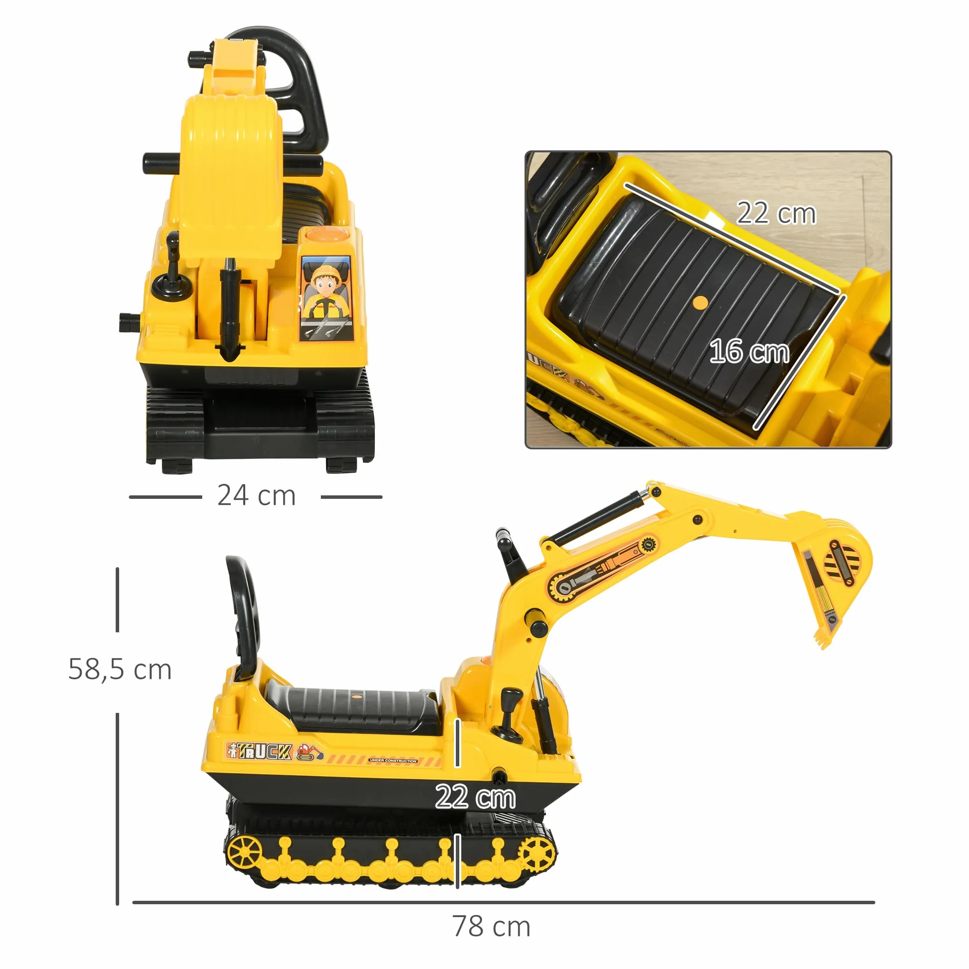HOMCOM Excavadora sin Pedales para Niños de 18-48 Meses Excavadora Correpasillos Camión de Construcción con Asiento de Almacenamiento Pala Delantera y Bocina Carga 30 kg 78x24x58,5 cm Amarillo