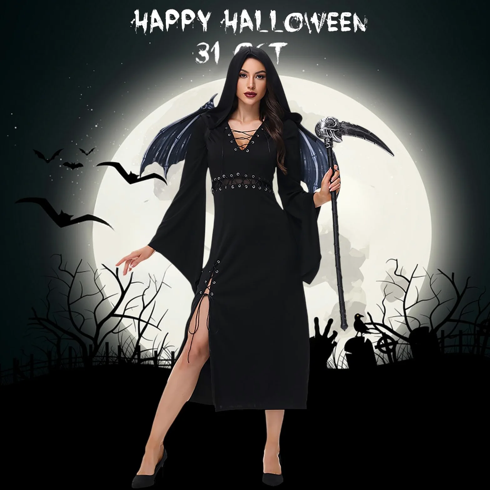 Generisch Disfraz gótico para Halloween, elegante vestido largo para cosplay, bruja oscura y traje para fiestas temáticas y festivales