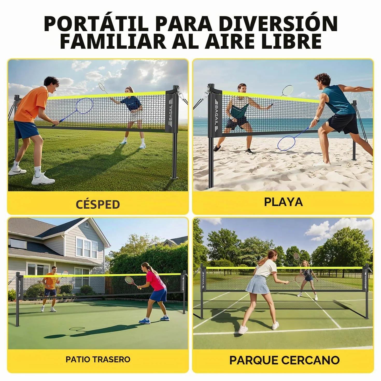 BAGAIL Juego de Bádminton Exterior 20 pies x 5 pies Oficial 4 Raquetas 3 Pelotas Red PE Duradera Bolsa Transporte