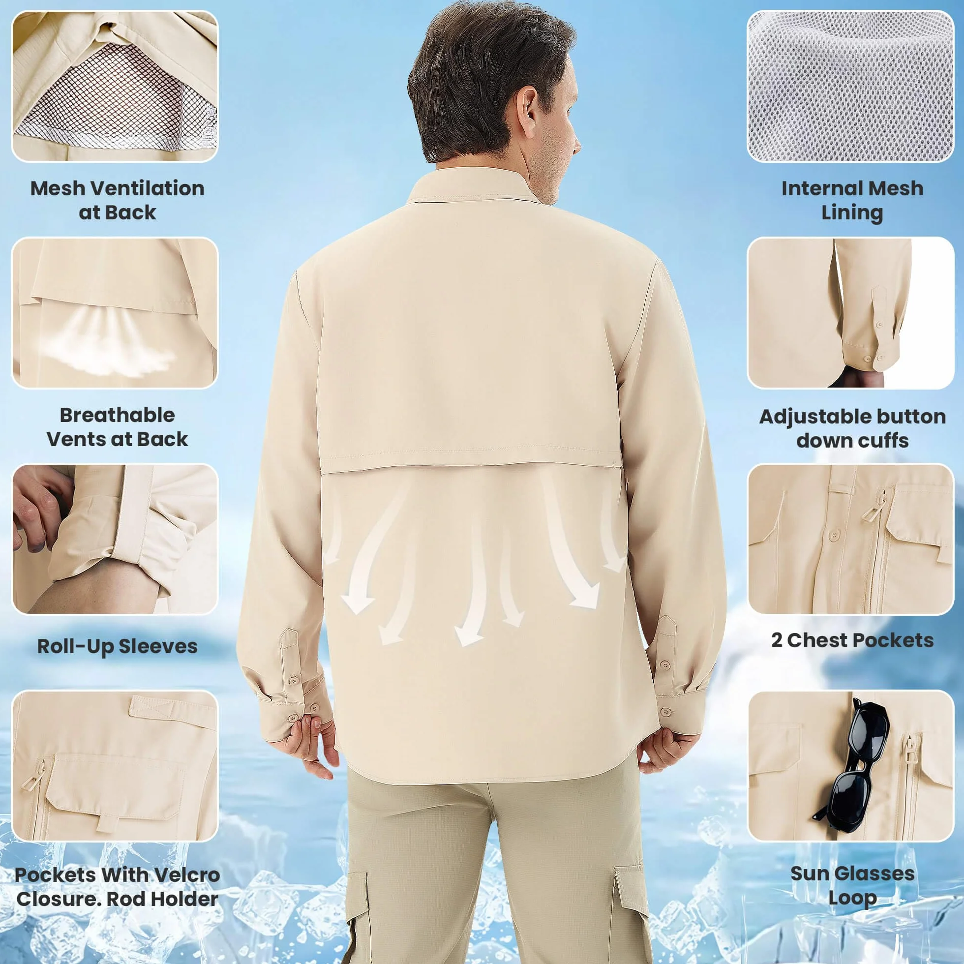 Camisa Hombre Protección Solar UPF 50+ Secado Rápido Manga Larga Pesca Senderismo