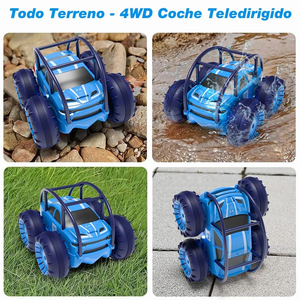MaxTronic Coche Teledirigido Anfibio 2.4G 360° 15KM/H 4WD Acrobacias Todoterreno LED Ajustable para Niños 3-12 Años