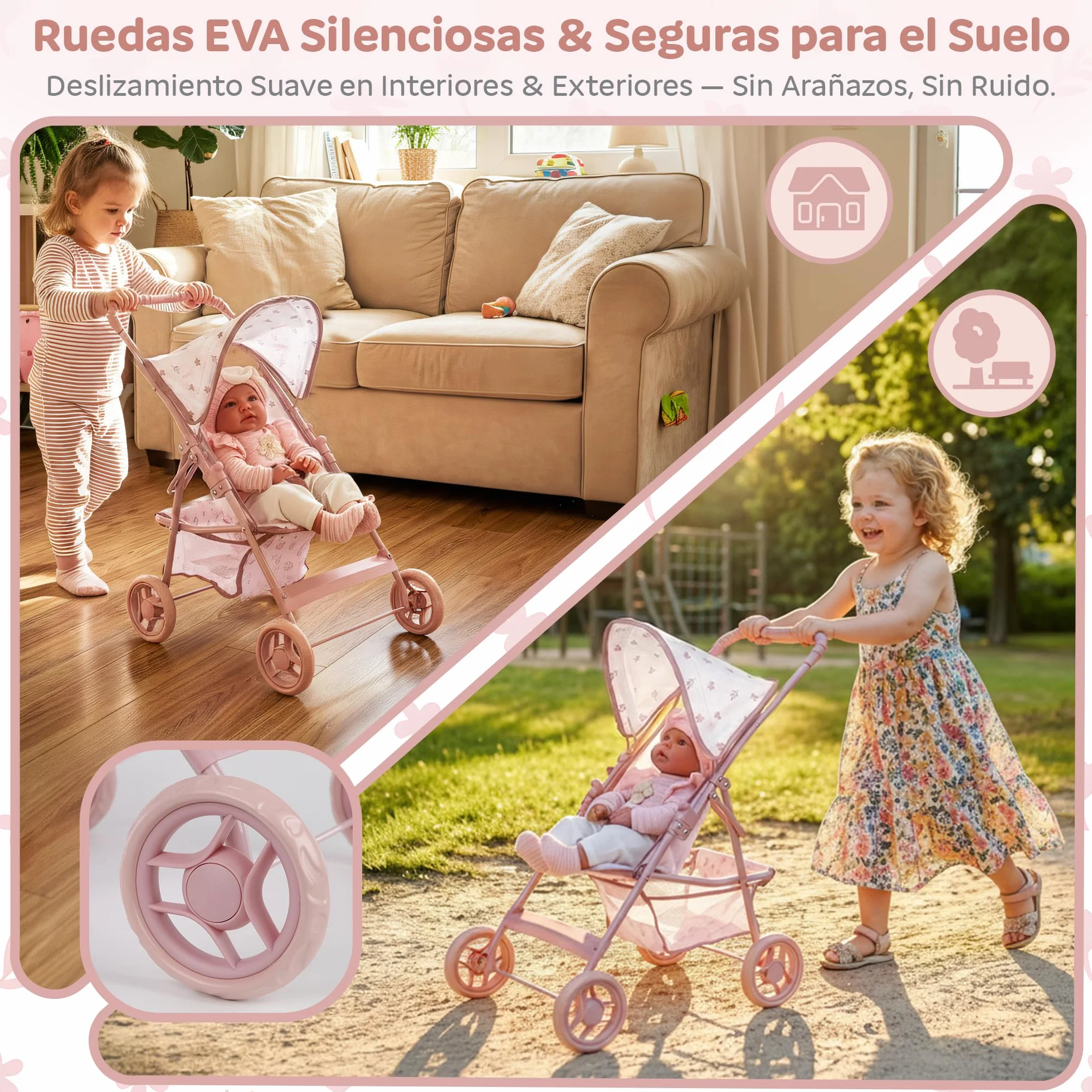 Kinderplay Cochecito de muñecas a Partir de 3 años: Cochecito Plegable Ligero para niñas con Ruedas EVA, cinturón y Visera – Cochecito de Juguete Rosa para muñecas