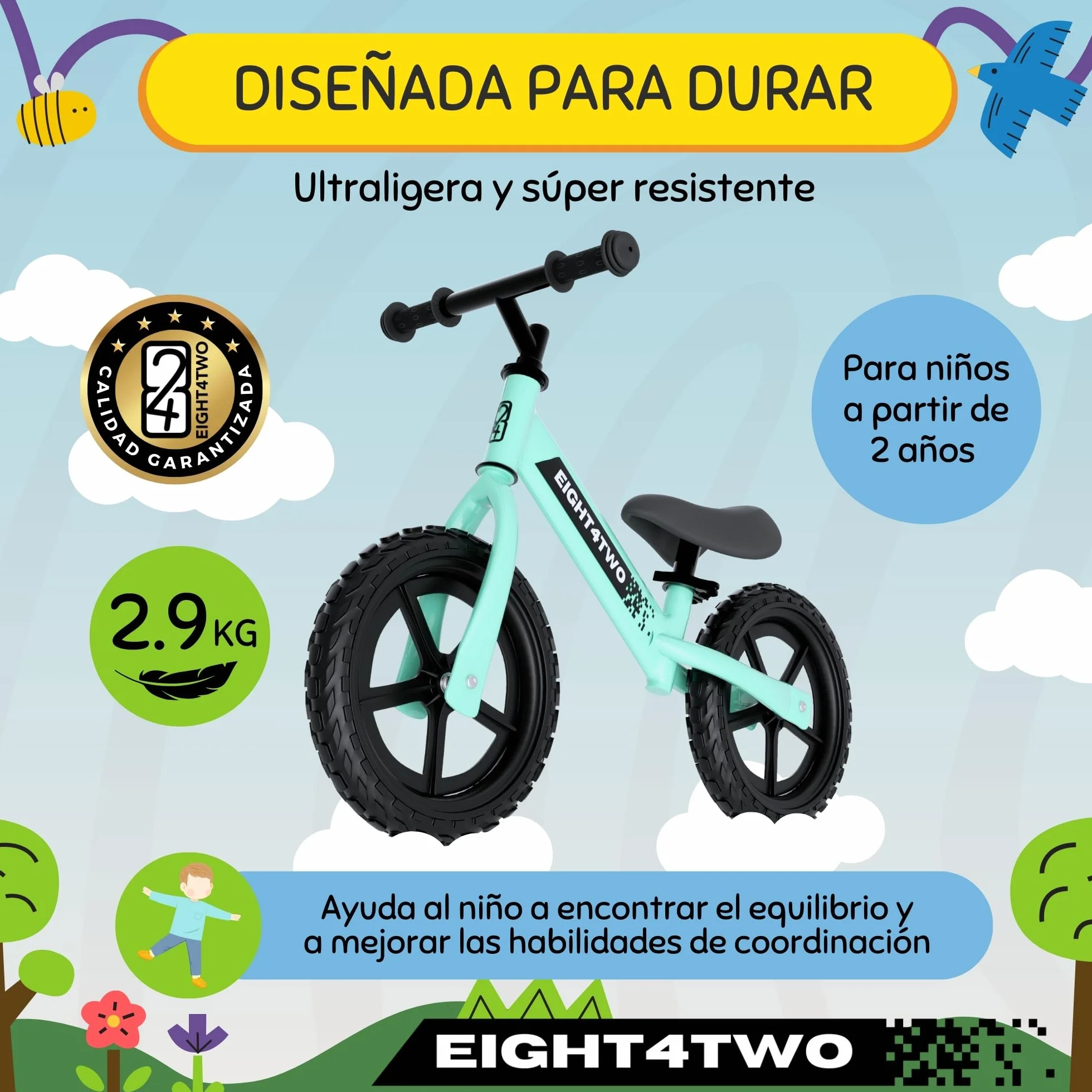 EIGHT4TWO Bicicleta sin Pedales para niño 2, 3, 4 y 5 años - Bici sin Pedales Ideal para Equilibrio - Juguetes para niños de 2, 3, 4 y 5 años.