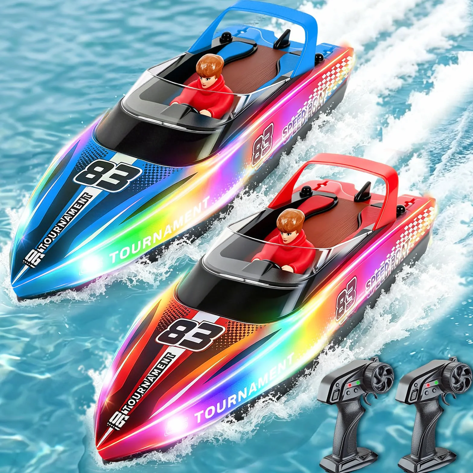YOOHBERRYS Barco Teledirigido 2 Piezas, 2,4 GHz Barco de Control Remoto con Luces LED para Piscinas y Lagos, Barcos RC Regalo Juguete para Niños y Adultos (2PCS)