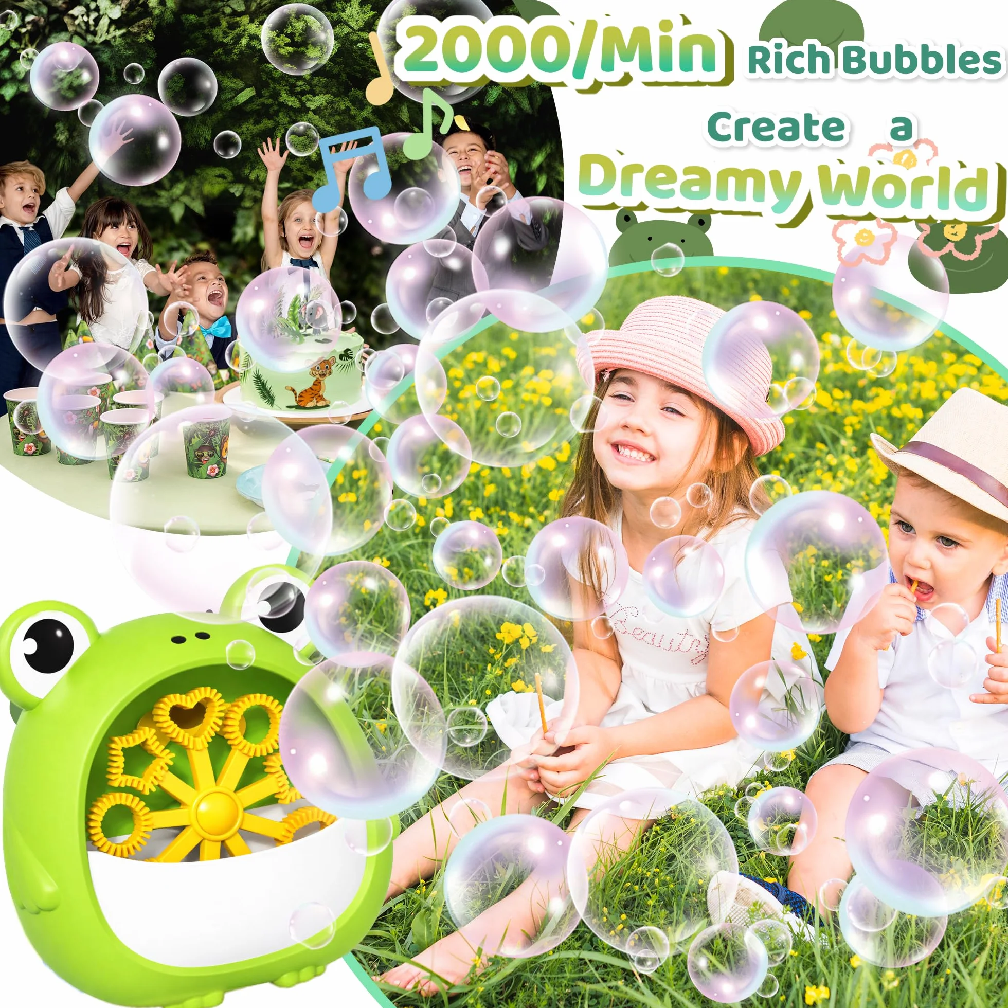 Chennyfun Máquina de Burbujas Rana para Niño, Juguete Portátil y Automática Hacer Burbujas 2000+/Min, Máquina de Soplado Burbujas con Solucione, Interior Exteriores Boda Fiesta Regalo Cumpleaño Juegos