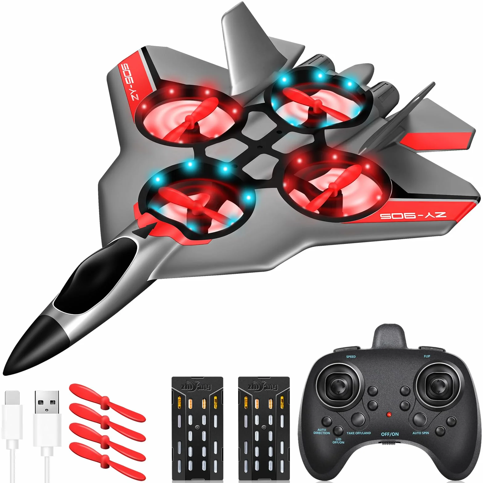 JONRRYIN Avión Teledirigido, 2.4 GHz Aviones de Radiocontrol con Baterías y Estabilizador de Giroscopio de 4 Ejes, Avión RC Juguete con Luz LED para Principiantes Niños Adultos (Gris)