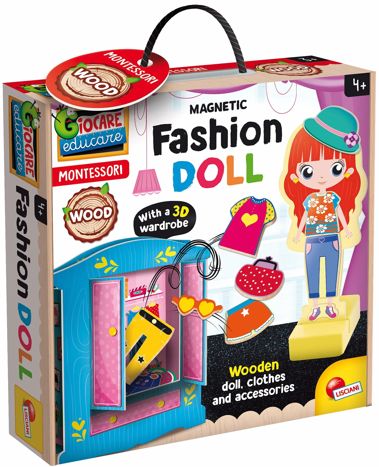 Liscianigiochi - Jouer Apprender Bois magnética-85897 L-Montessori – Muñeca de Madera con Ropa de Moda magnética – Juego Educativo Preescolar para niños a Partir de 4 años-85897 (85897)