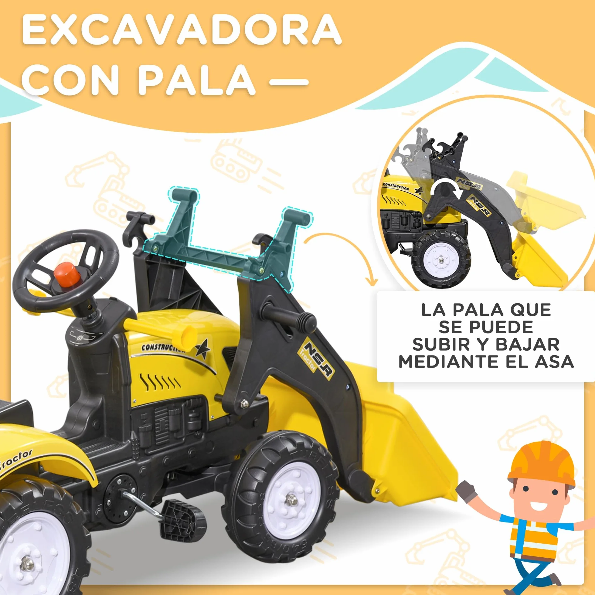 HOMCOM Tractor a Pedales para Niños de 3 Años Excavadora Infantil Juguete de Montar con Remolque Extraíble y Pala Delantera Carga 35 kg 167x41x52 cm Amarillo