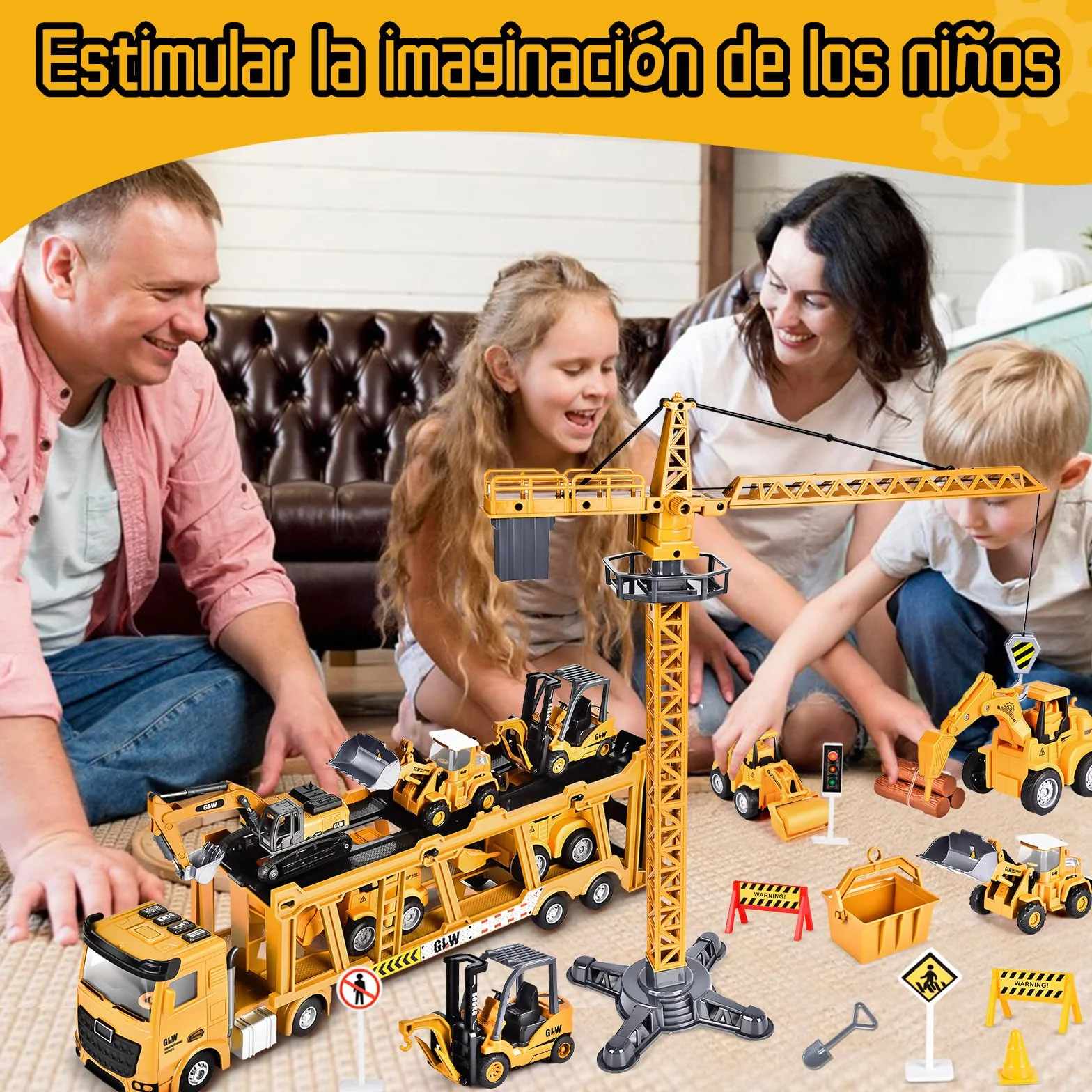 Herefun Vehículos Construcción Grandes, Camión y Grúa Con Sonido, Juguete Transportador Para Niños 3,4+