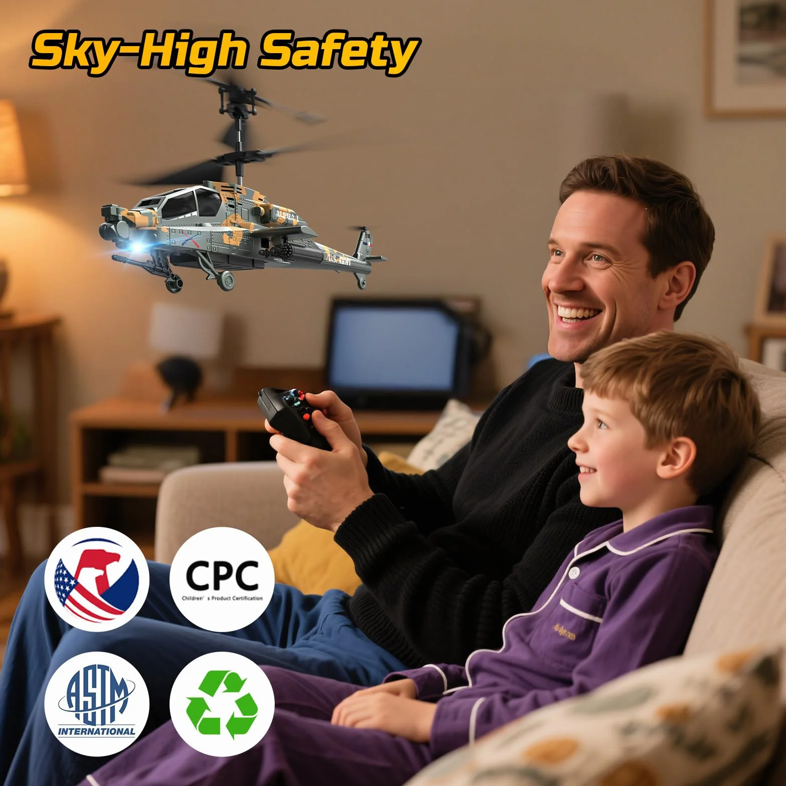 DEERC Helicóptero RC para Adultos y niños, helicóptero Militar Control Remoto 2.4 GHz, 2 baterías, 26 Minutos de Vuelo, Luces LED, retención altitud, despegue con una Sola tecla, Apto para Interiores