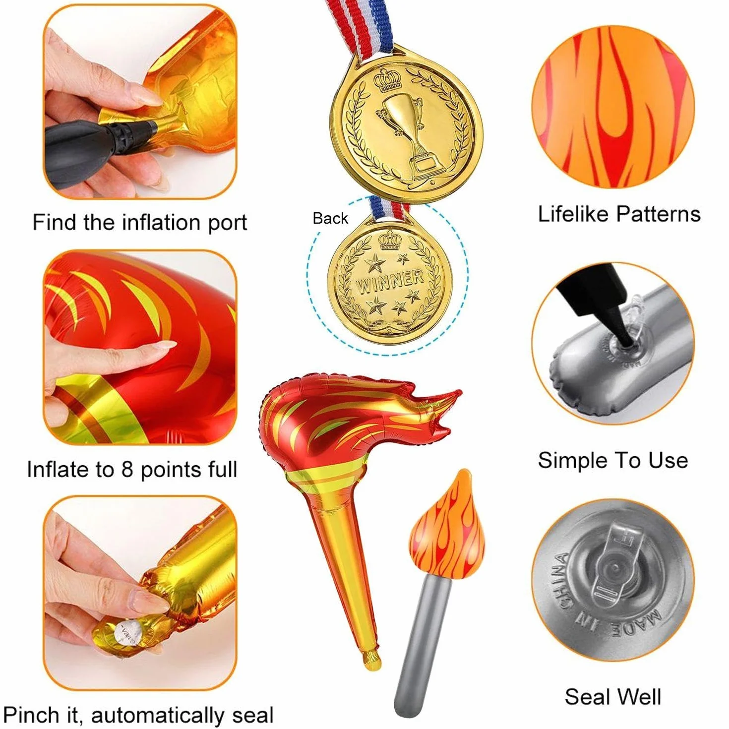 Medallas de Campeonato con Antorchas y Pegatinas Deportivas - Decoraciones para Juegos Deportivos