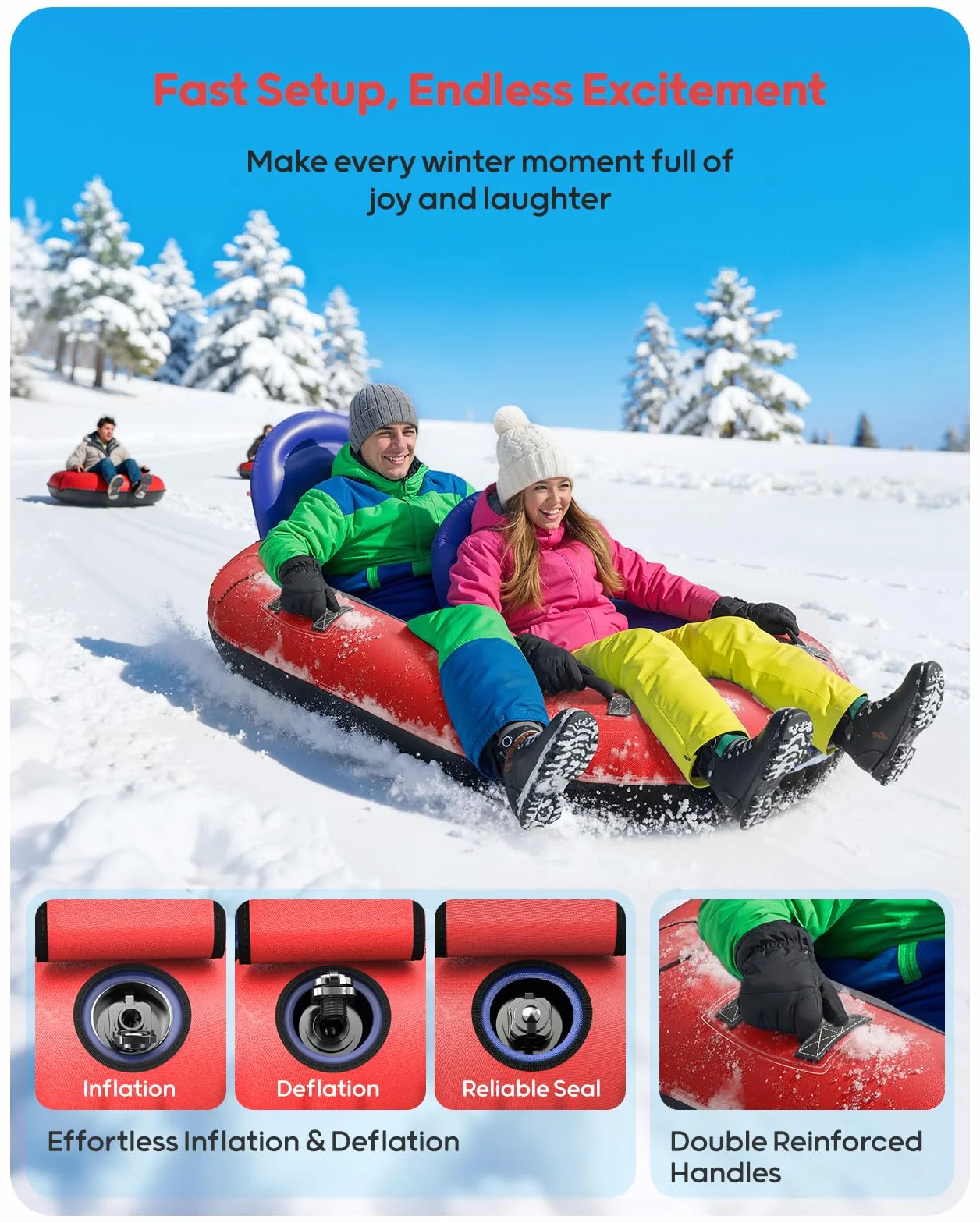 Tubo de nieve inflable para 2 personas con respaldos dobles y cuerda de remolque