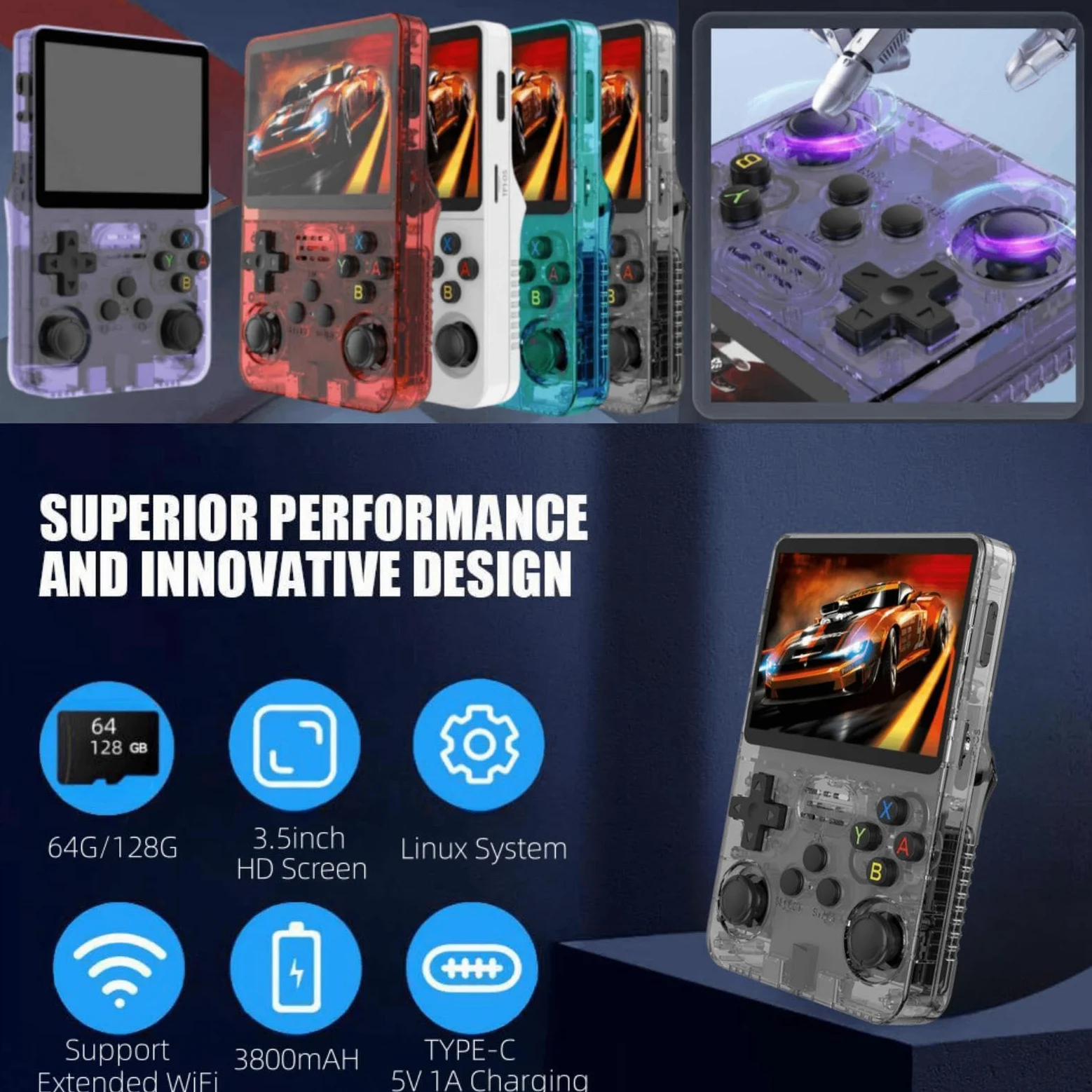 Portable Retro Handheld Game Console, 3.5inch IPS Screen, 10+ Mainstream Emulator, 64G TF Card, 15000+ Classic Games, 3500mAH Battery (64G Gray)