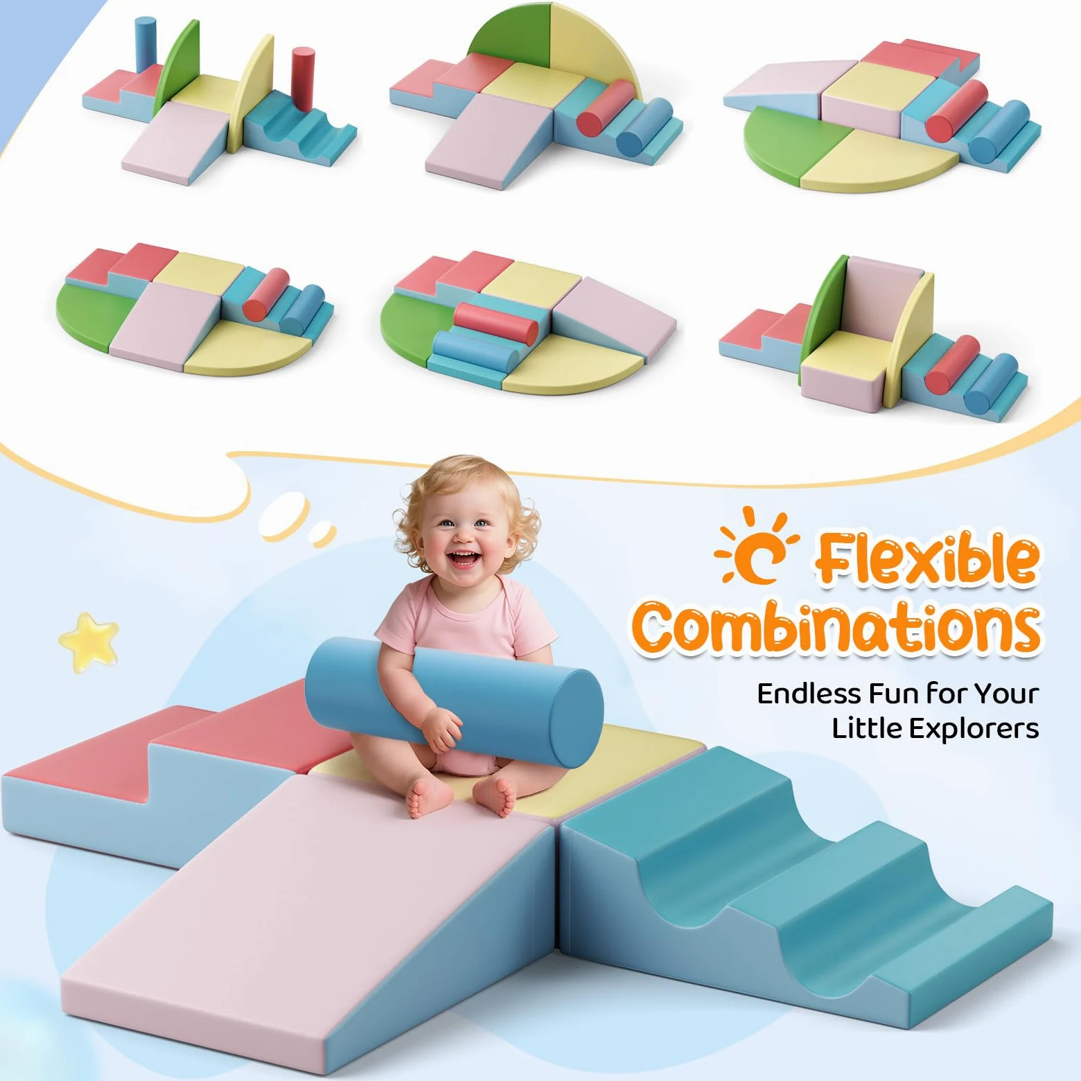 8p - Bloques de escalada blancos para niños, bloques de escalada para bebés, revestimiento de PU resistente a los arañazos, fácil de limpiar, cierre de cremallera oculta, espuma de alta
