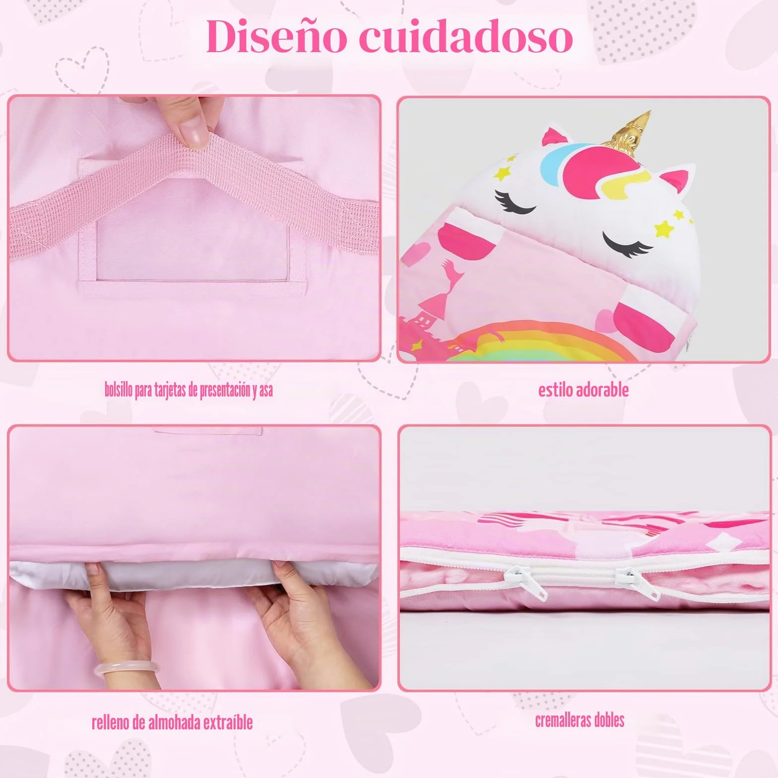 decalsweet Cálida Alfombrilla de Siesta para Niños Pequeños con Almohada Extraíble, Saco de Dormir Plegable para Niñas y Niños, Bolsa de Dormir con Cremallera para Camping Siesta, 150×60cm