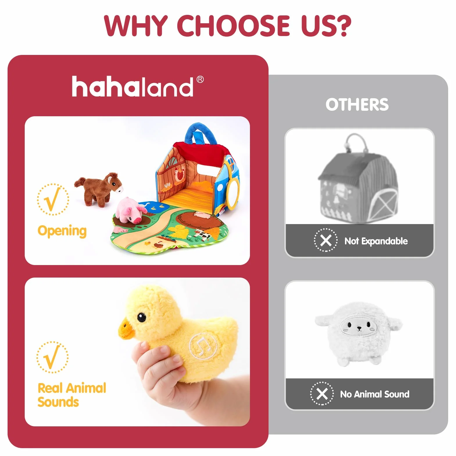 hahaland Juguetes Bebes 6-12 Meses - Granja de Peluche con 6 Animales Interactivo, Granero Plegable Blando - Montessori Juguetes Niños 1 año Regalo Bebe 6 12 18 Meses