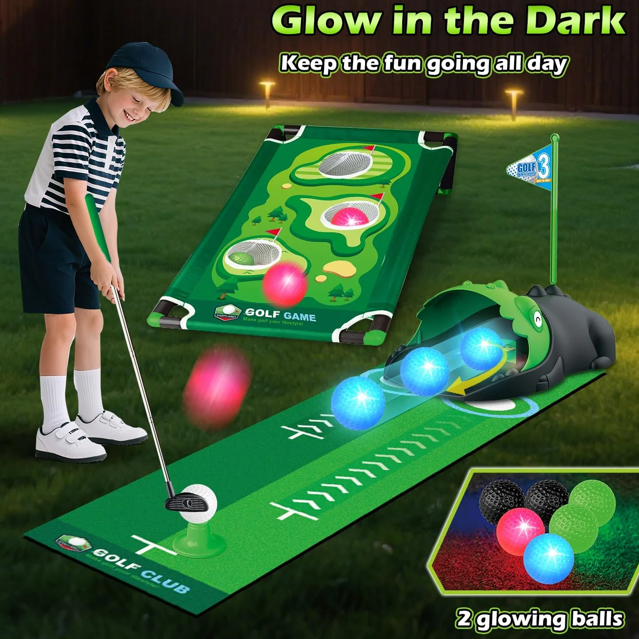TERRAMUS Set de Golf 3 en 1 para Niños con Devolvedor de Golf Automático de Dinosaurio, Tablero de Cornhole de Golf, Pelotas Iluminadas con LED, Tapete de Putting,Juguetes,Juegos de Mini Golf Pequeños